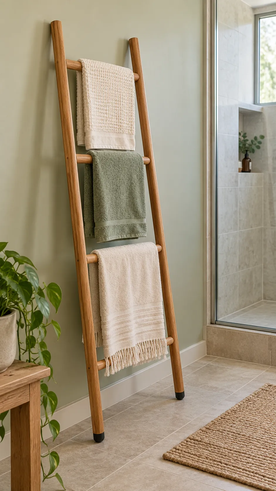 Freestanding towel ladder against a dry bathroom wall