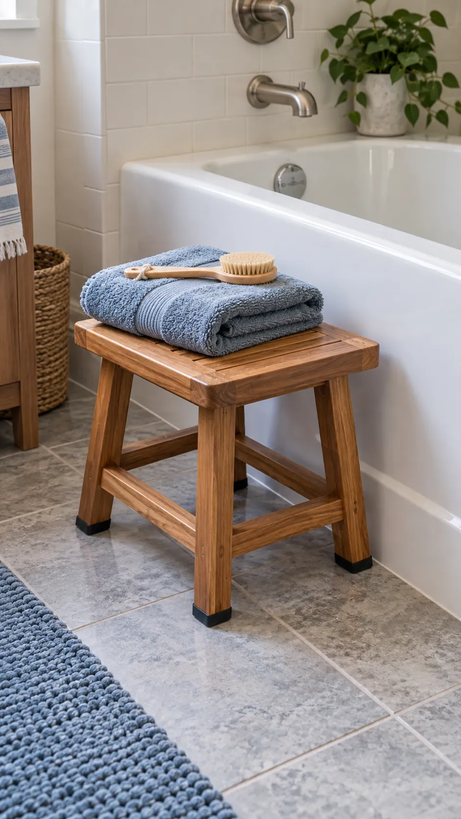 Small water resistant stool beside a bathtub