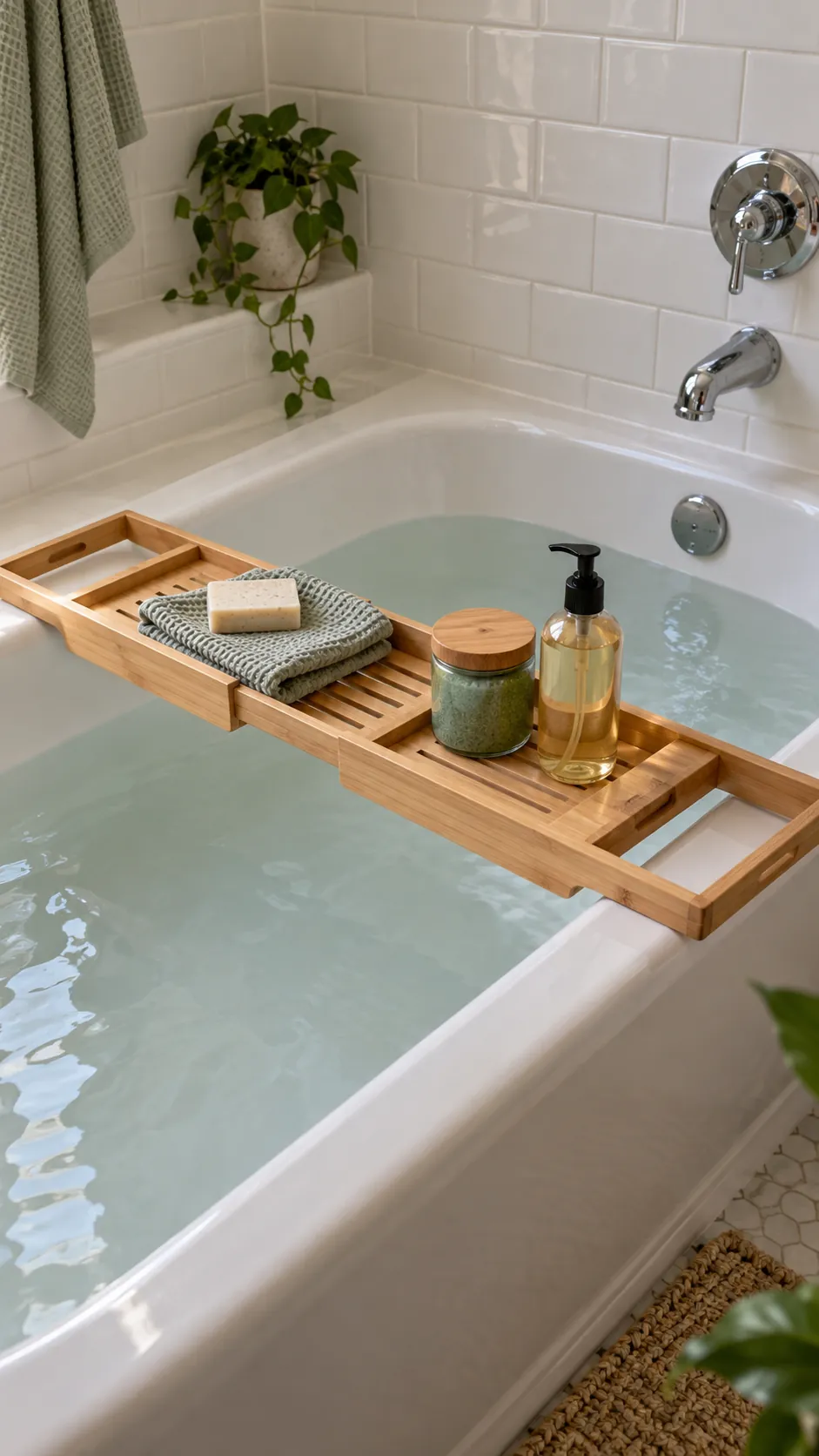 Expanding bath tray with a few current products