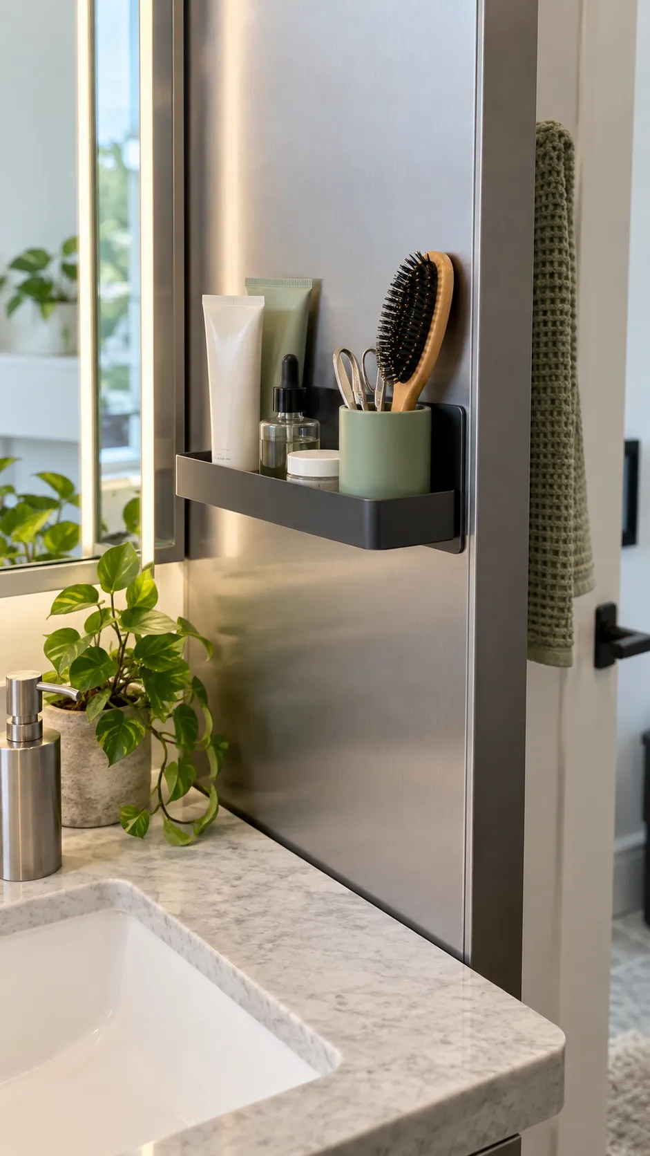 Magnetic shelf on the side of a metal bathroom cabinet