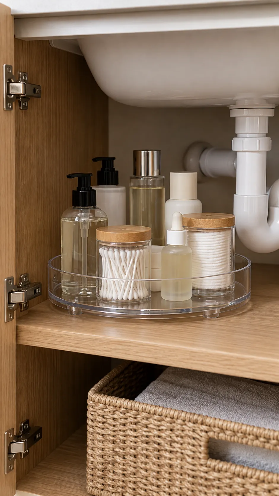 Compact turntable organizing toiletries in a cabinet