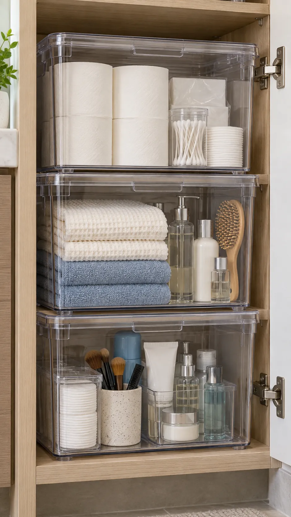 Clear lidded boxes stacked in a bathroom cabinet