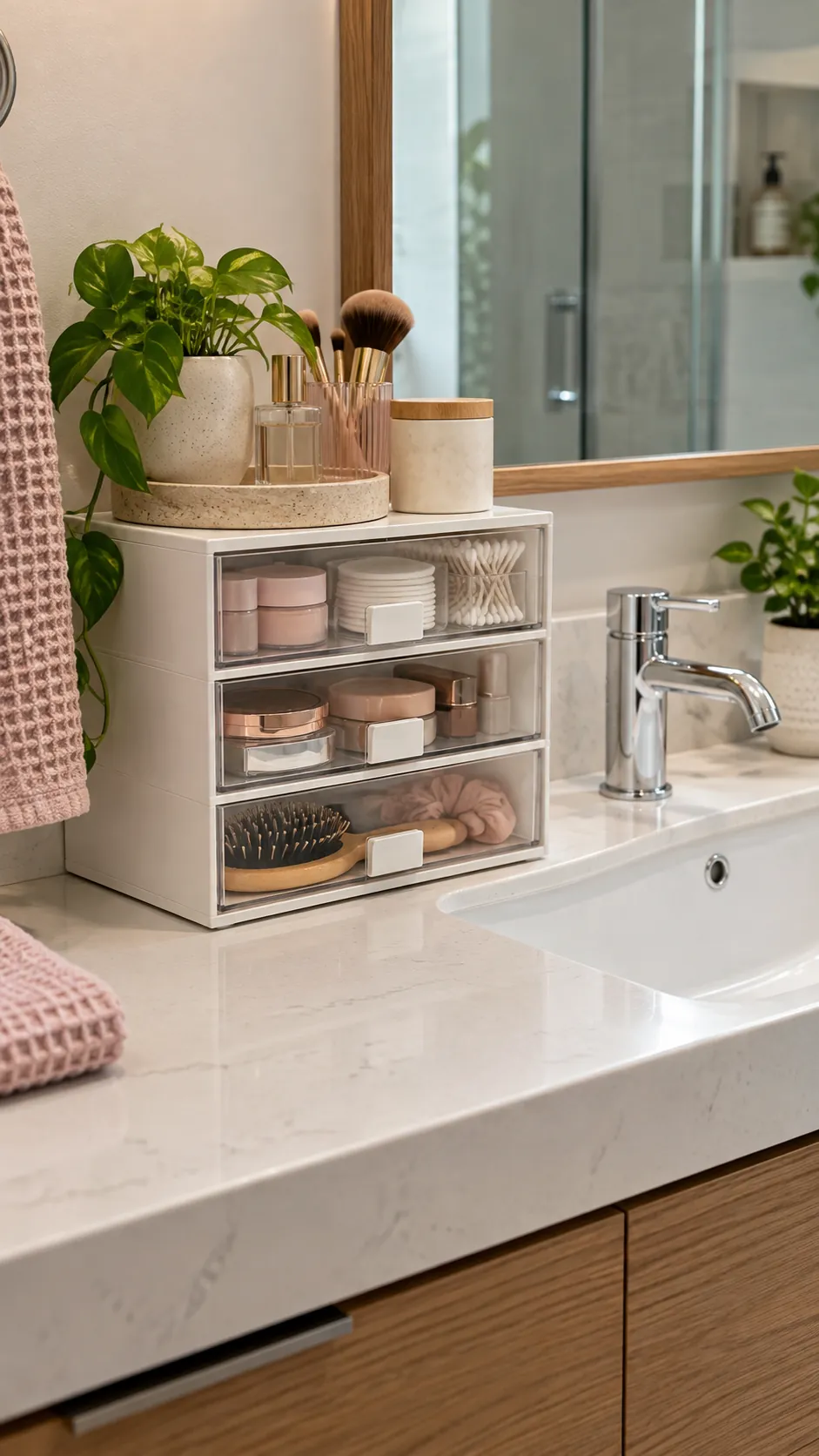 Compact drawer organizer on a bathroom counter
