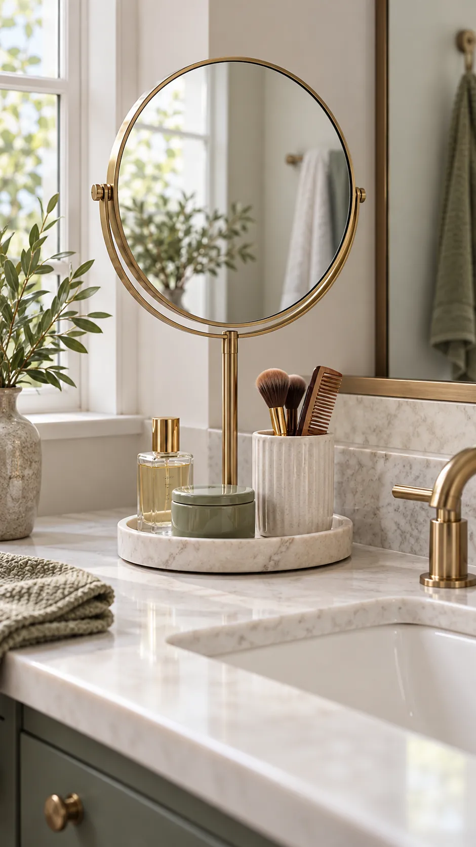 Standing vanity mirror with a small storage tray