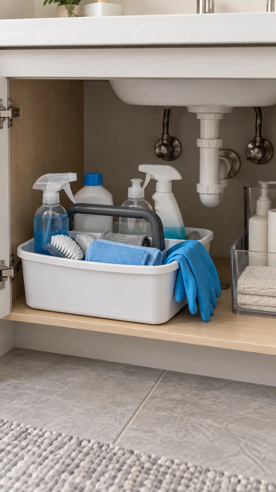 Handled cleaning caddy stored low in a bathroom