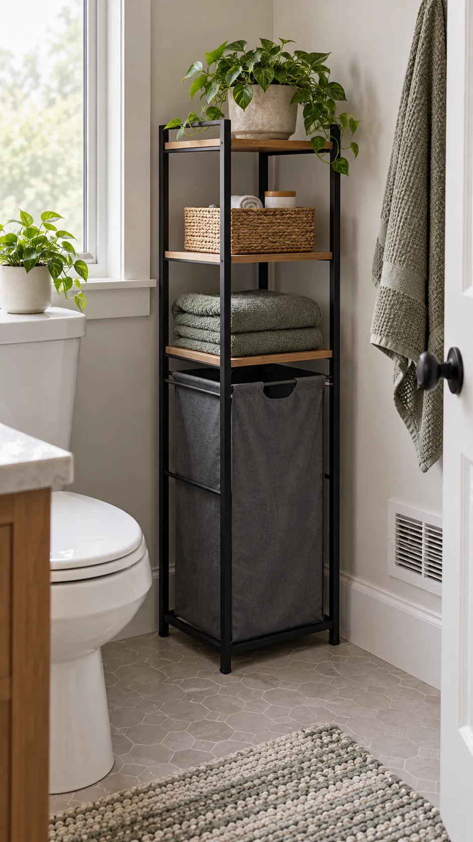 Narrow freestanding hamper with bathroom shelves