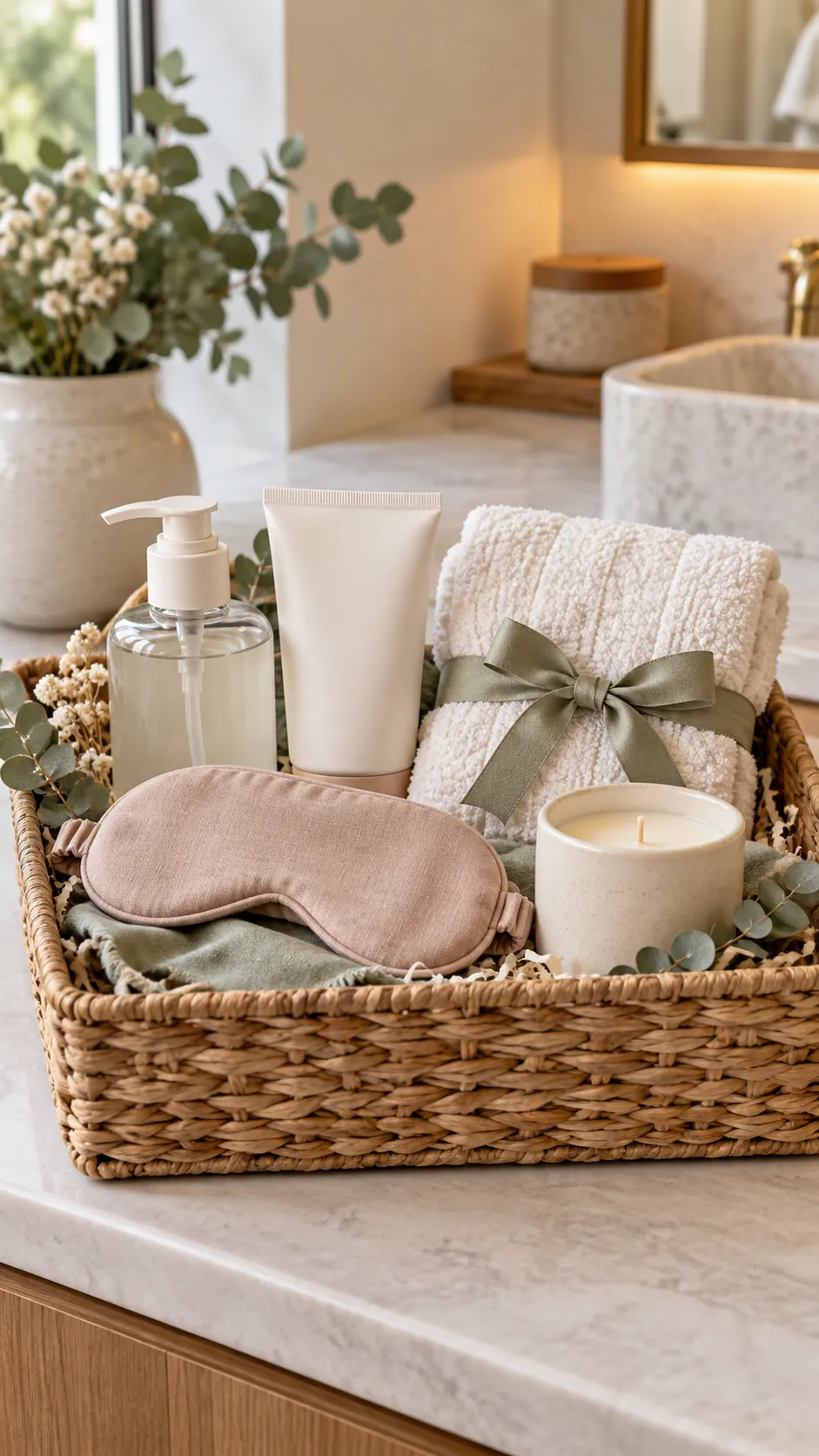 Fragrance-Free Spa Basket with useful comfort items arranged in a gift basket