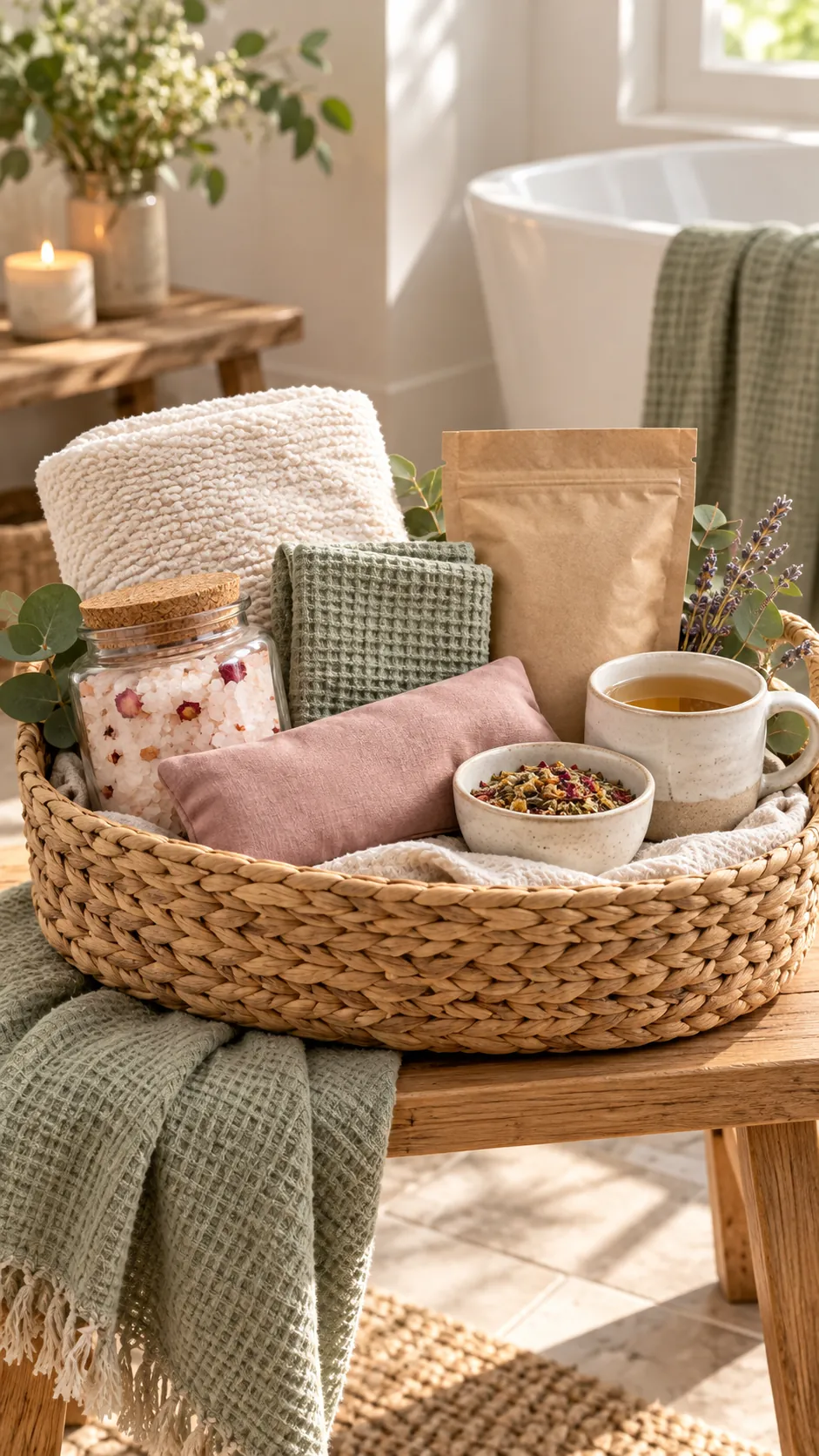 Gentle Bath Soak Basket with useful comfort items arranged in a gift basket