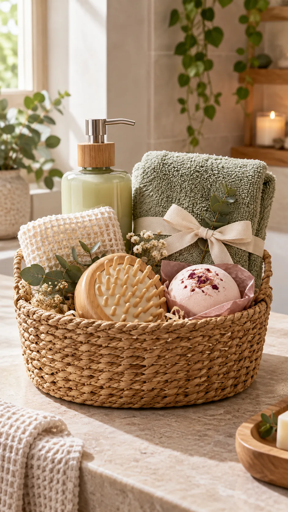 Shower Spa Basket with useful comfort items arranged in a gift basket