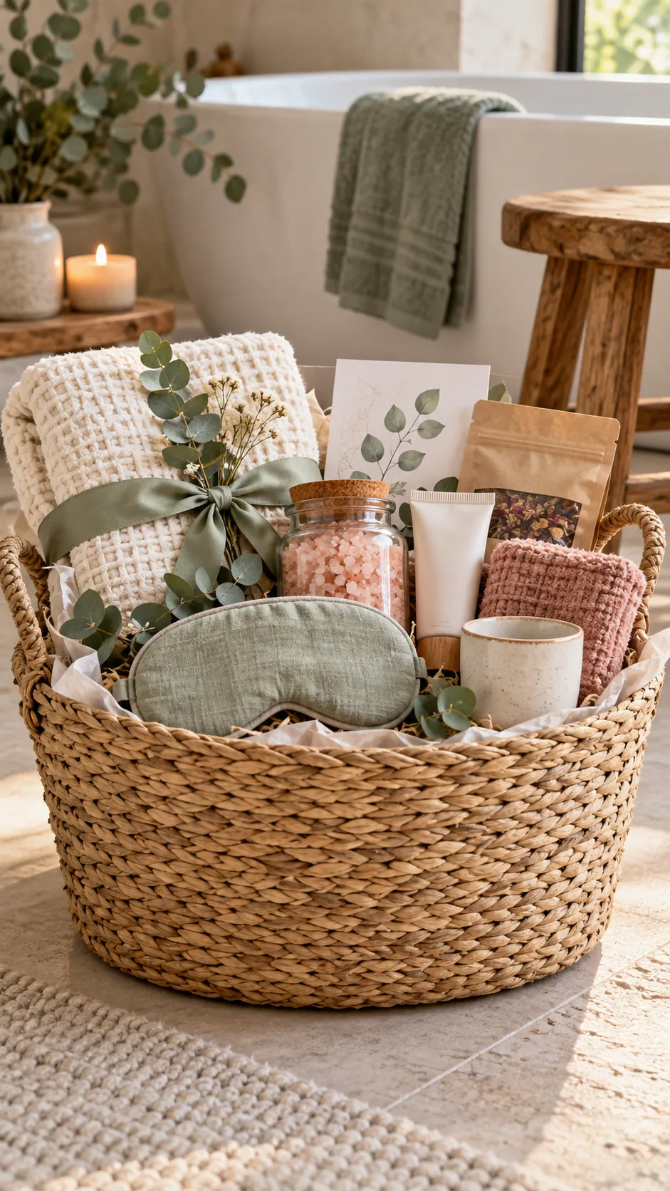 Spa basket ideas for women with towels bath products eye mask and tea