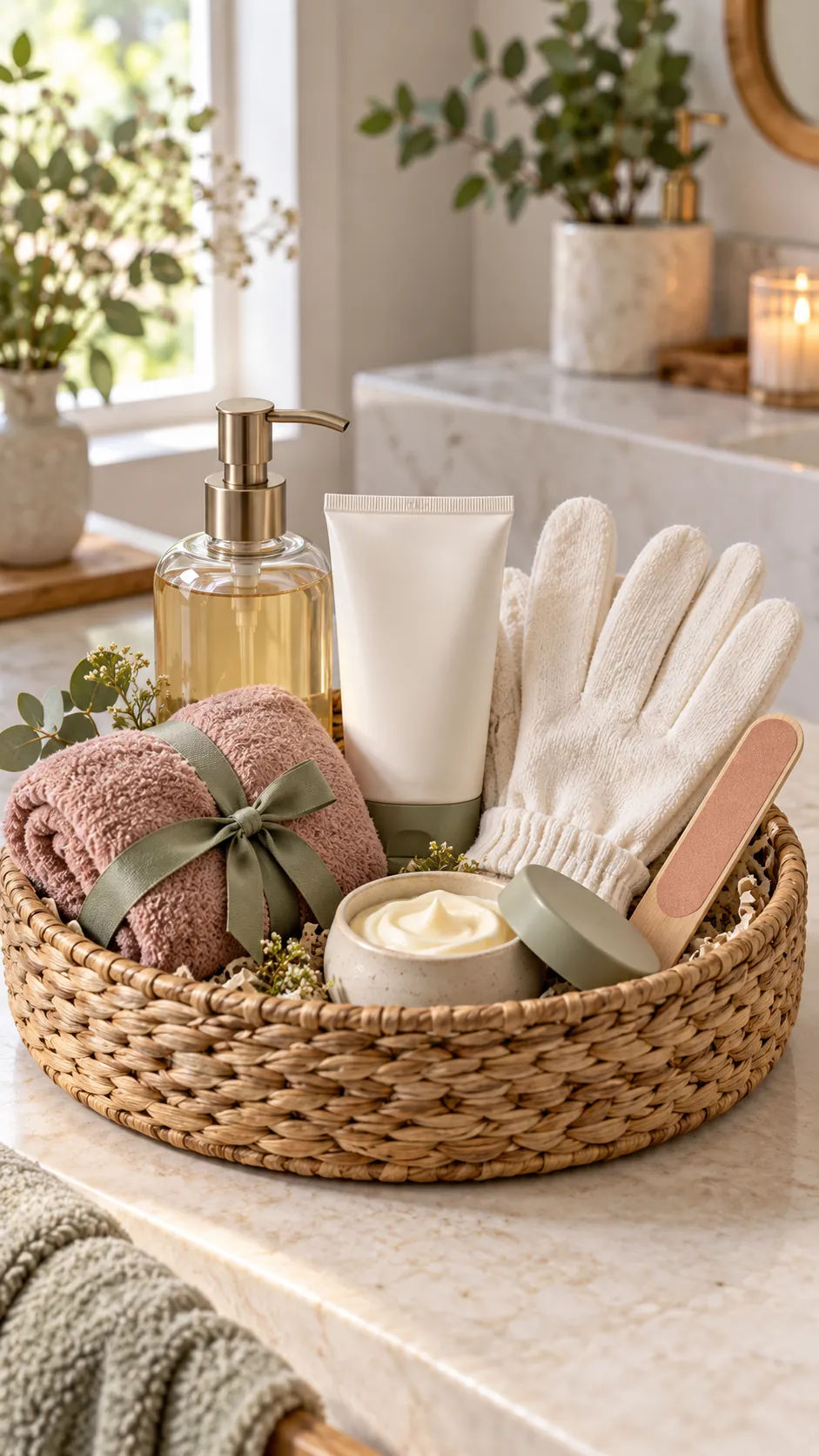 Hand Care Spa Basket with useful comfort items arranged in a gift basket