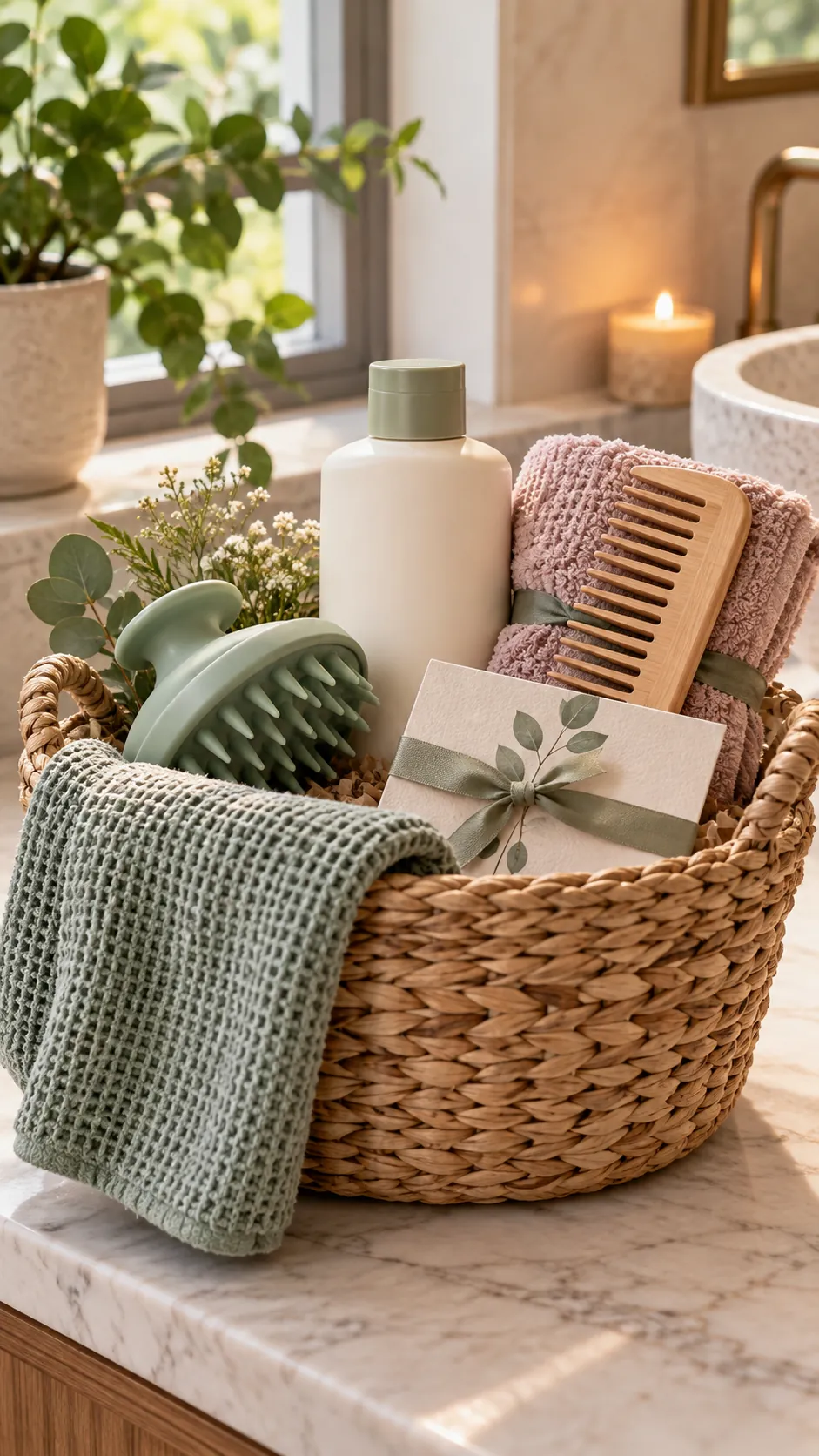 Scalp Care Basket with useful comfort items arranged in a gift basket