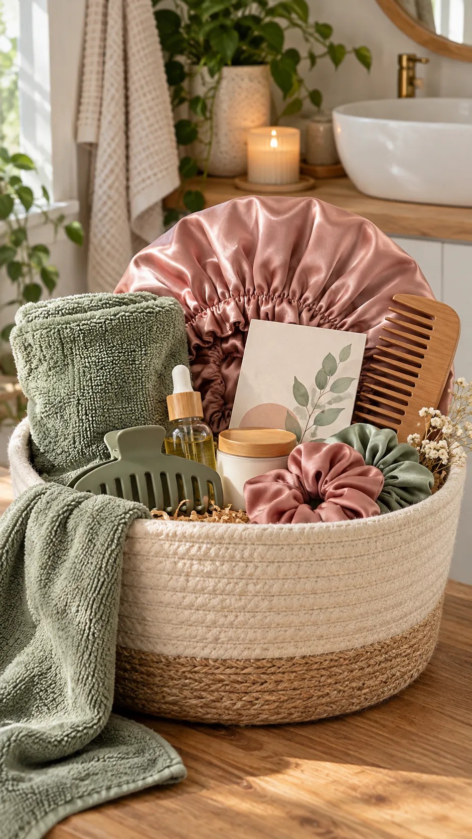 Curly Hair Spa Basket with useful comfort items arranged in a gift basket