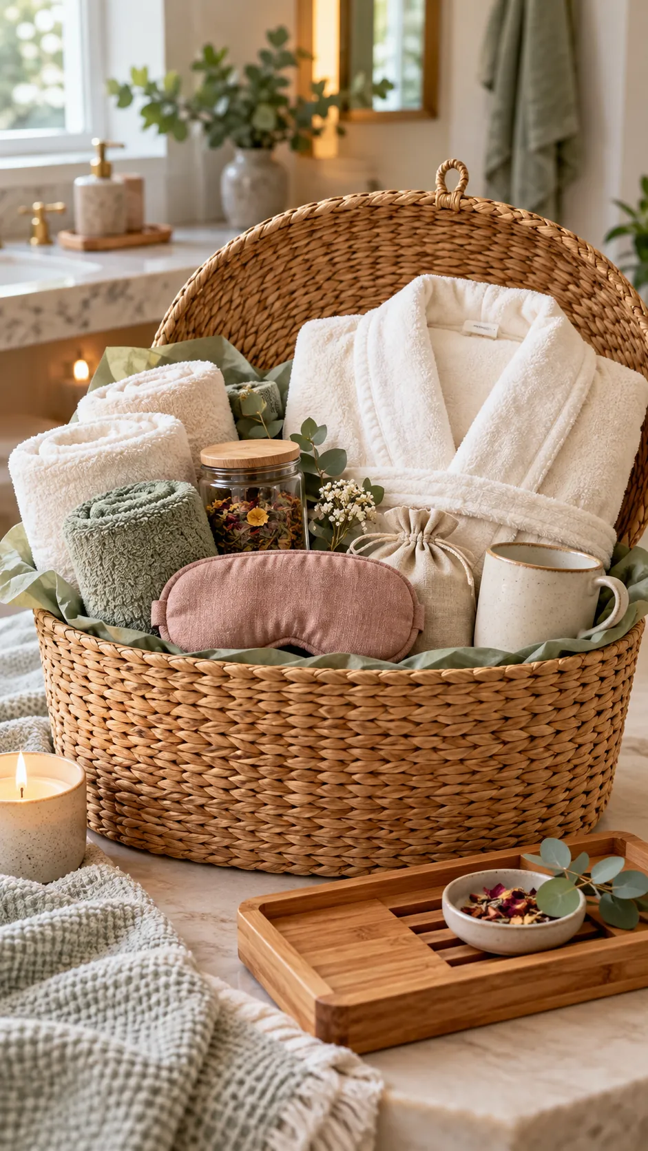 Warm Towel Spa Basket with useful comfort items arranged in a gift basket