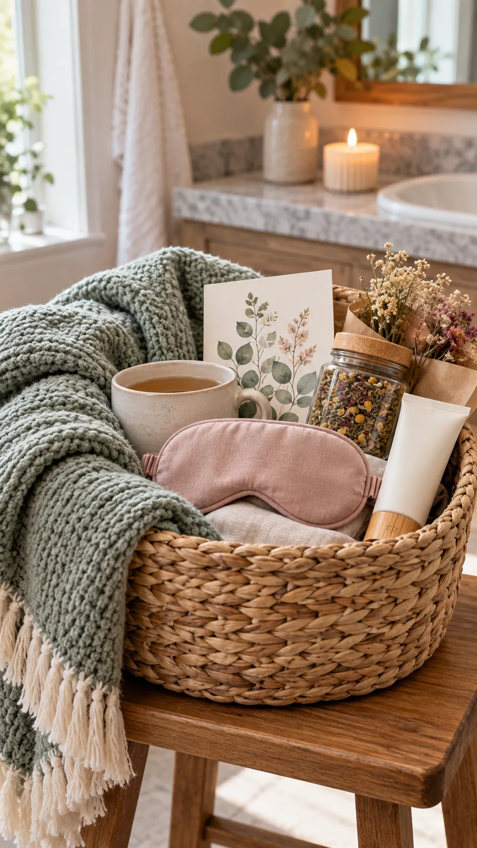 Quiet Reading Spa Basket with useful comfort items arranged in a gift basket