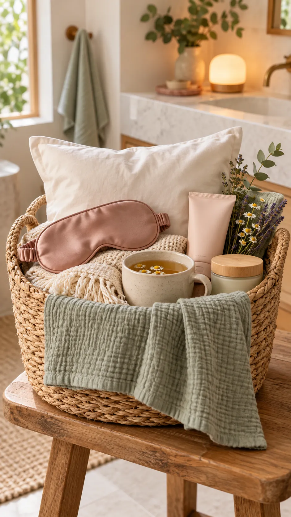 Sleepy Evening Spa Basket with useful comfort items arranged in a gift basket