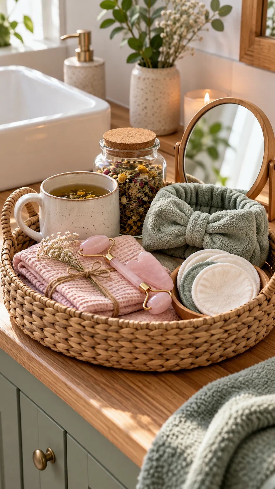 Tea And Facial Tools Basket with useful comfort items arranged in a gift basket