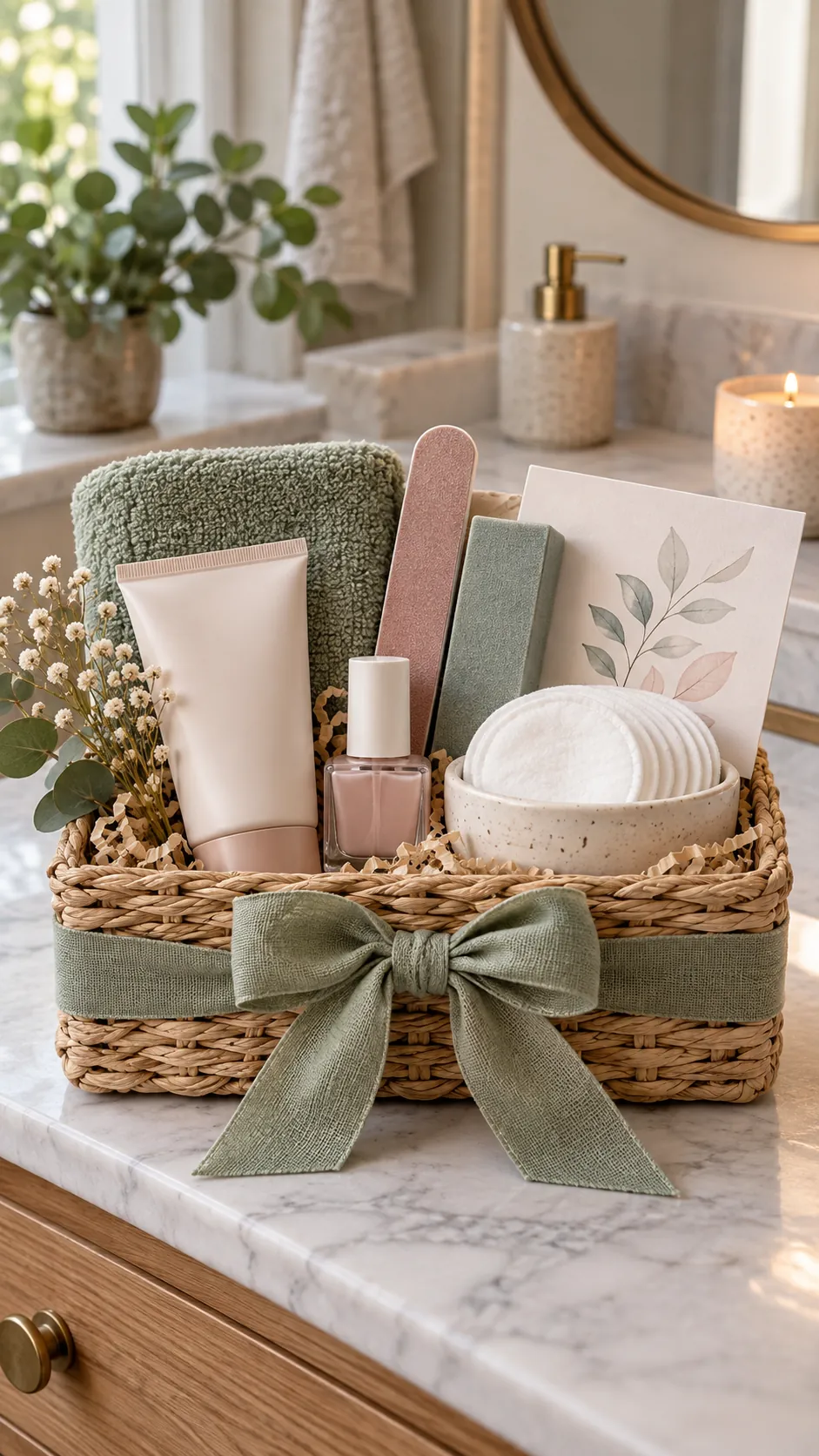 At-Home Manicure Basket with useful comfort items arranged in a gift basket
