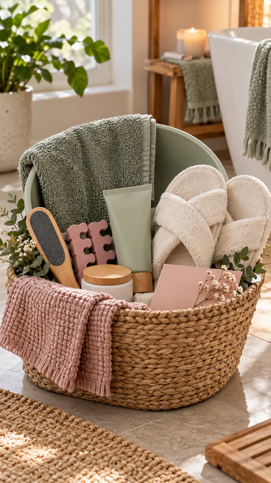 At-Home Pedicure Basket with useful comfort items arranged in a gift basket