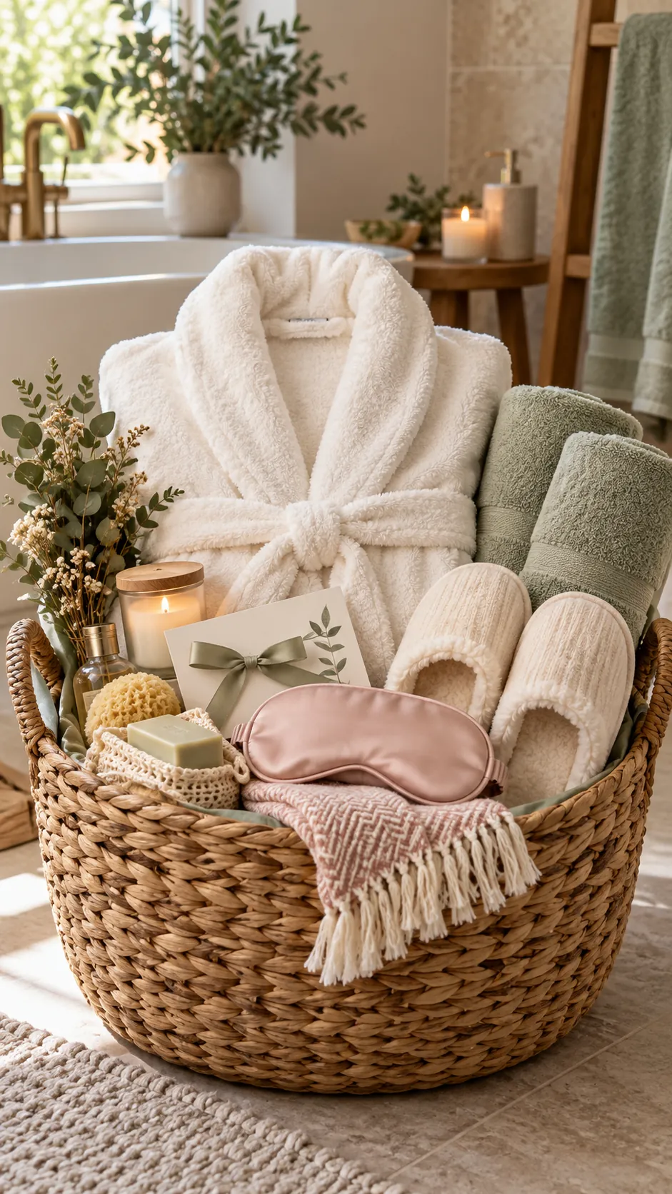 Luxury Towel And Robe Basket with useful comfort items arranged in a gift basket