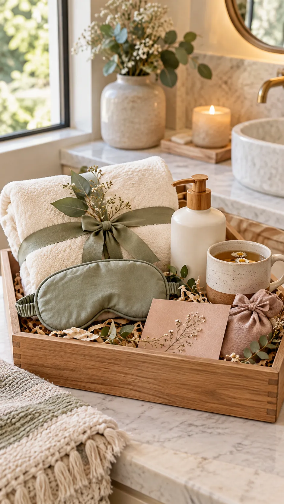 Minimalist Spa Basket with useful comfort items arranged in a gift basket