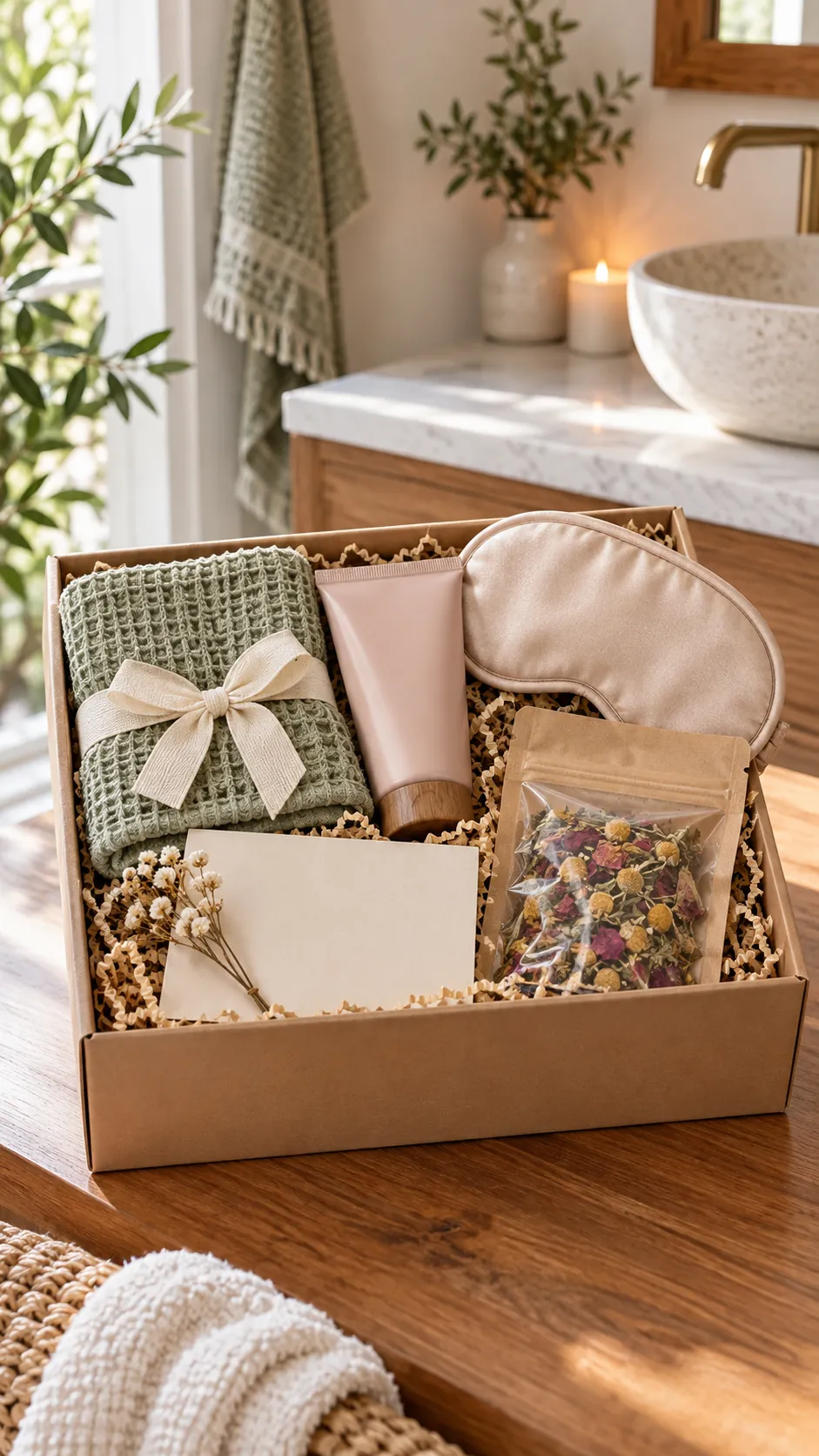 Small Spa Box with useful comfort items arranged in a gift basket
