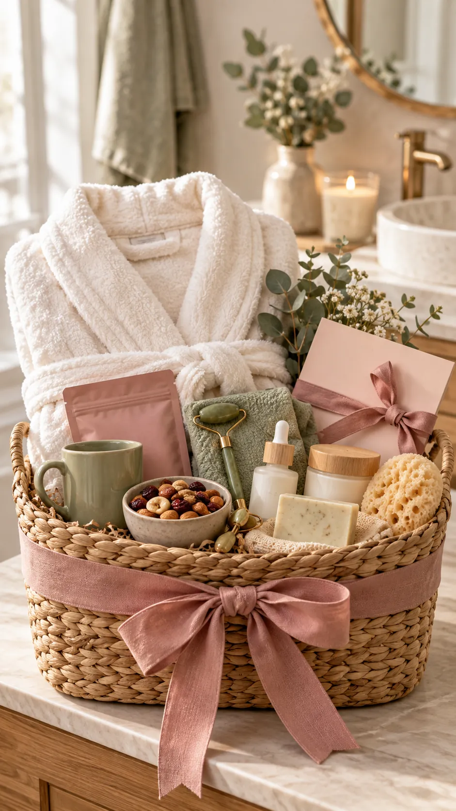 Birthday Spa Basket with useful comfort items arranged in a gift basket