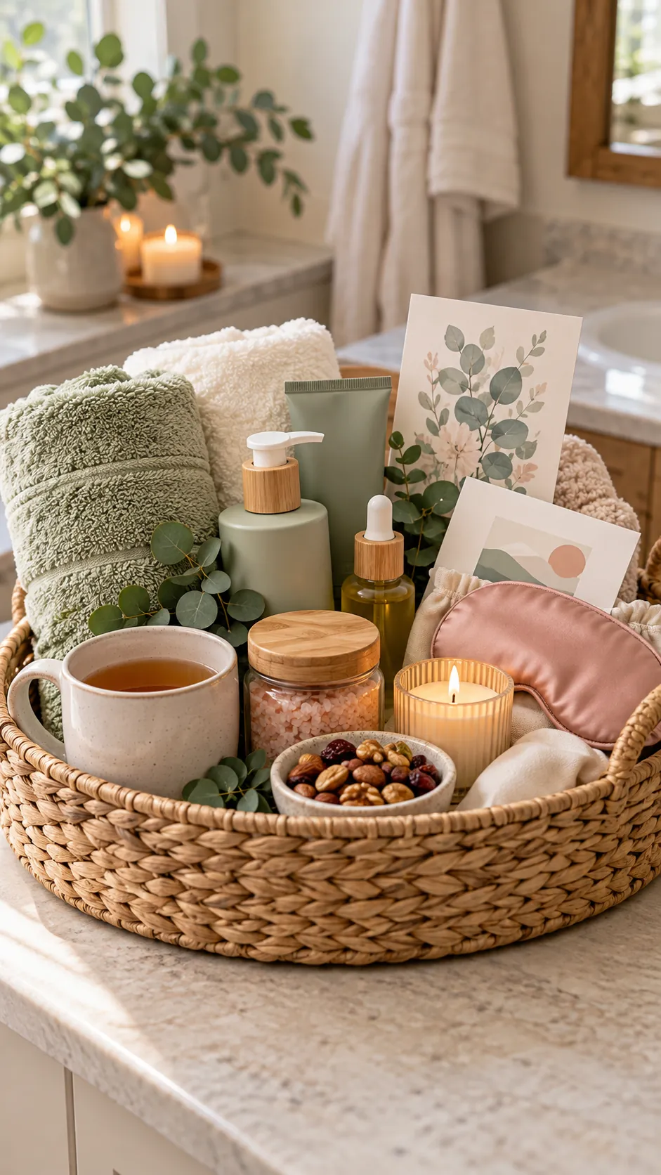 DIY Spa Night Basket with useful comfort items arranged in a gift basket