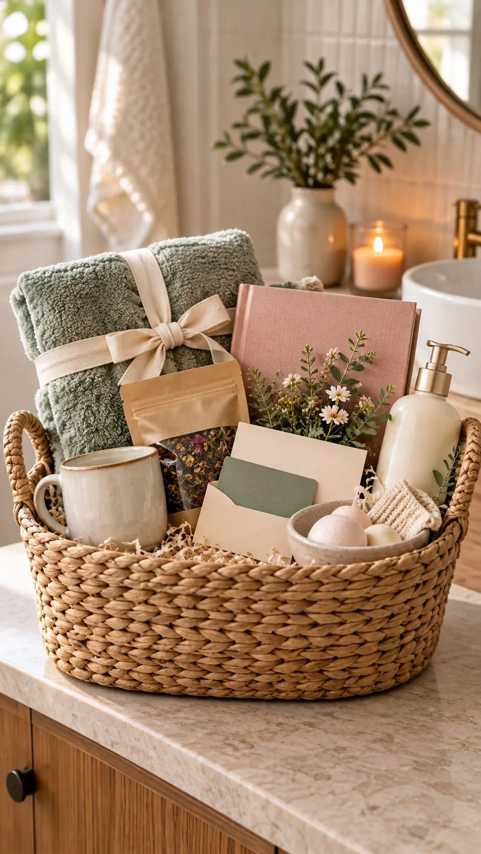 Spa Basket For Mom with useful comfort items arranged in a gift basket