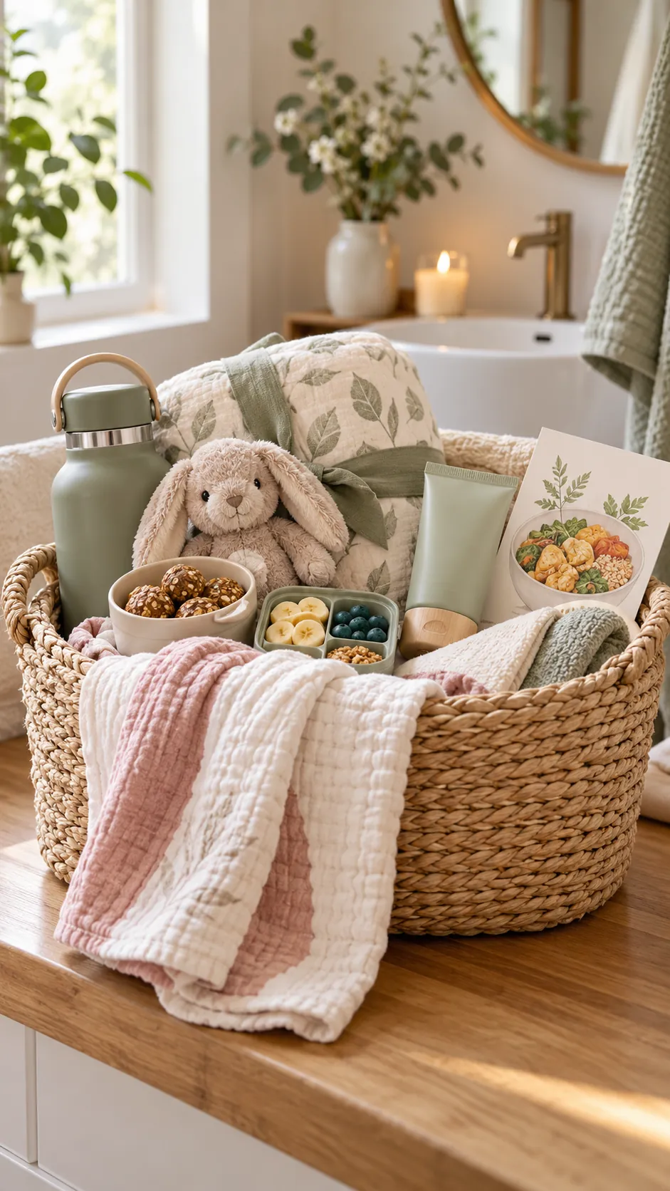 New Parent Spa Basket with useful comfort items arranged in a gift basket