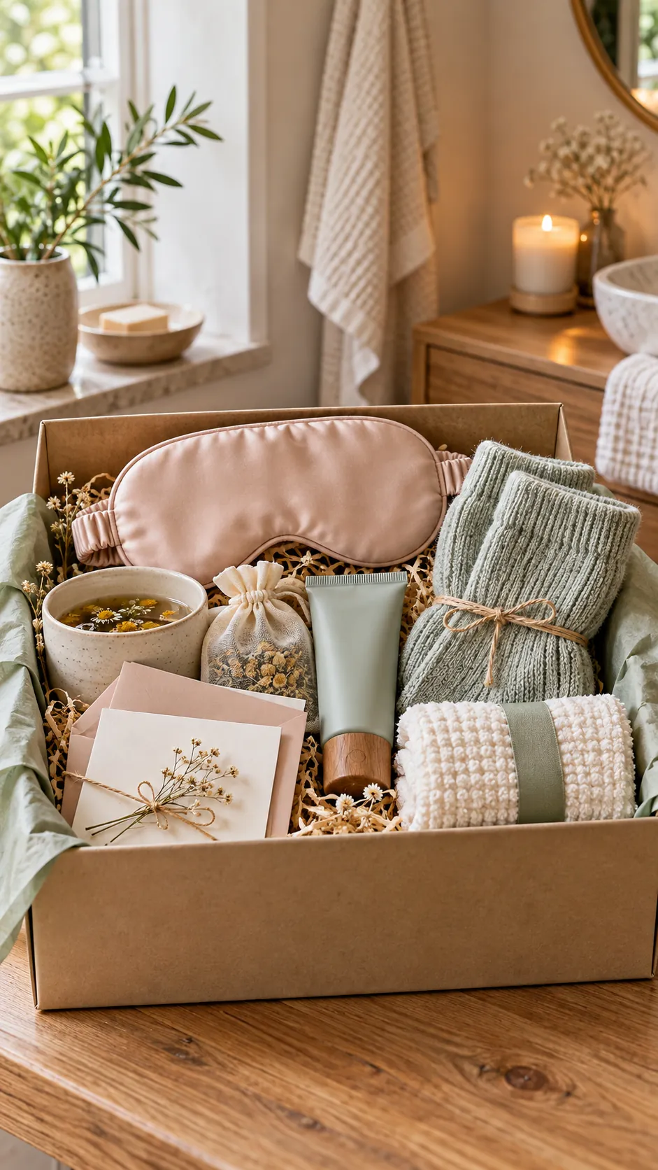 Long-Distance Spa Box with useful comfort items arranged in a gift basket