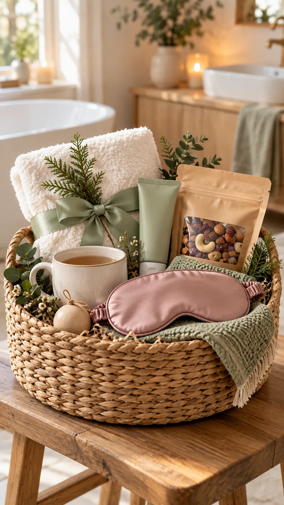 Holiday Spa Basket with useful comfort items arranged in a gift basket
