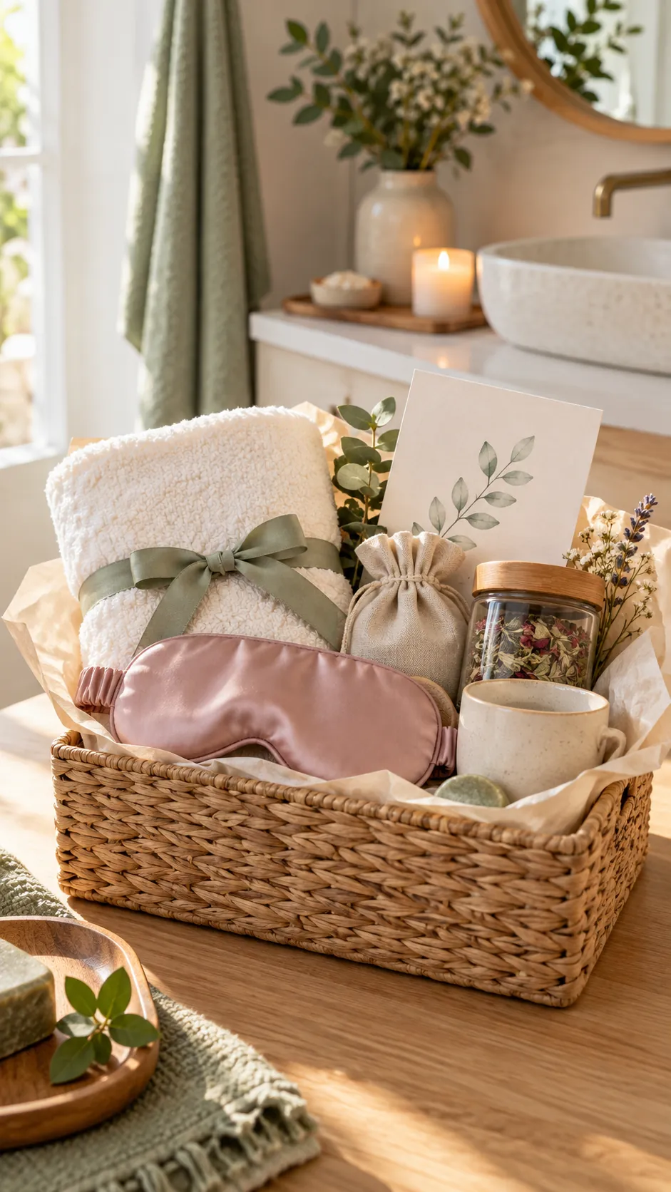 Spa Day Gift Card Basket with useful comfort items arranged in a gift basket