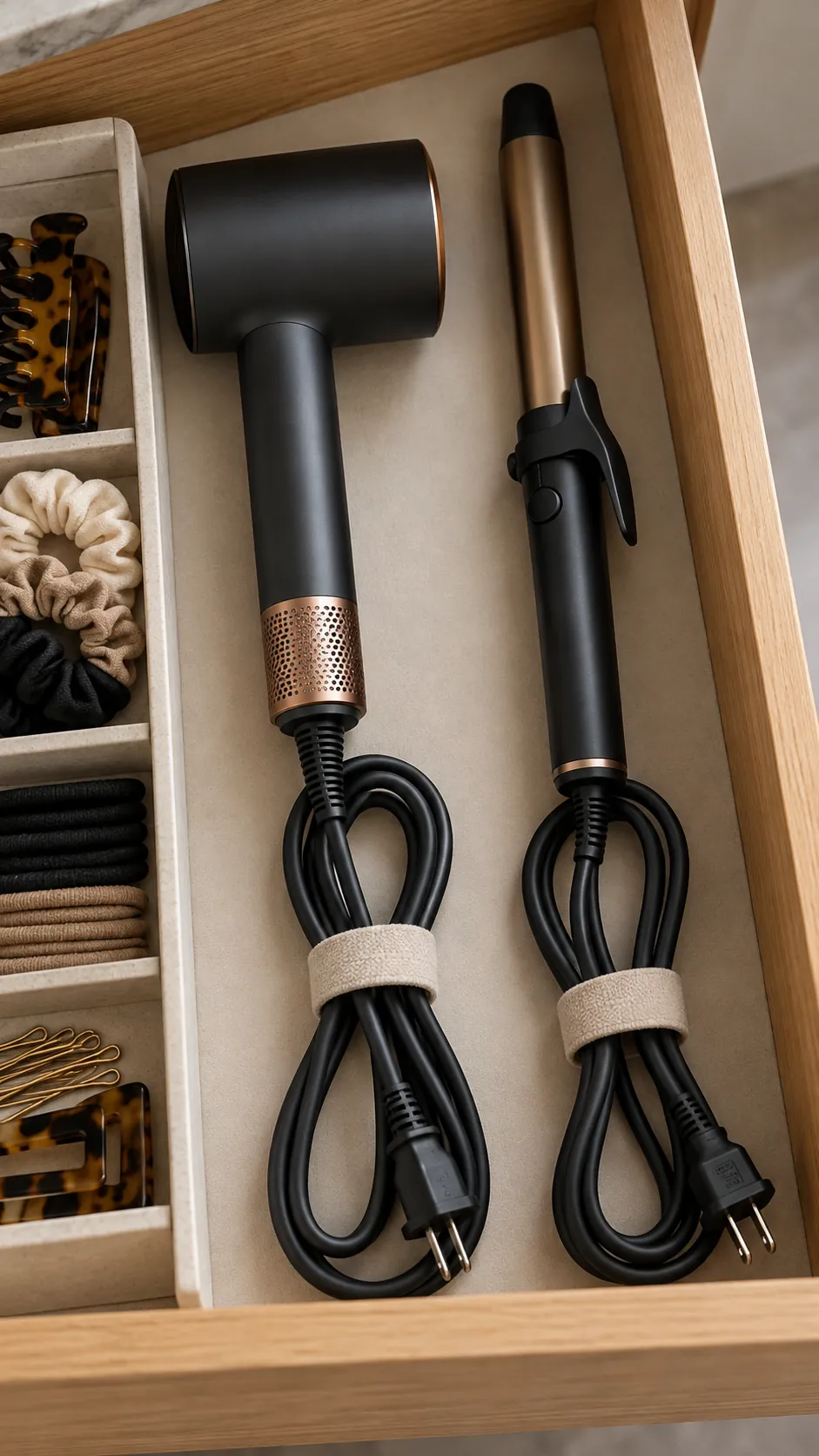 Loosely coiled hair tool cords secured inside a vanity drawer