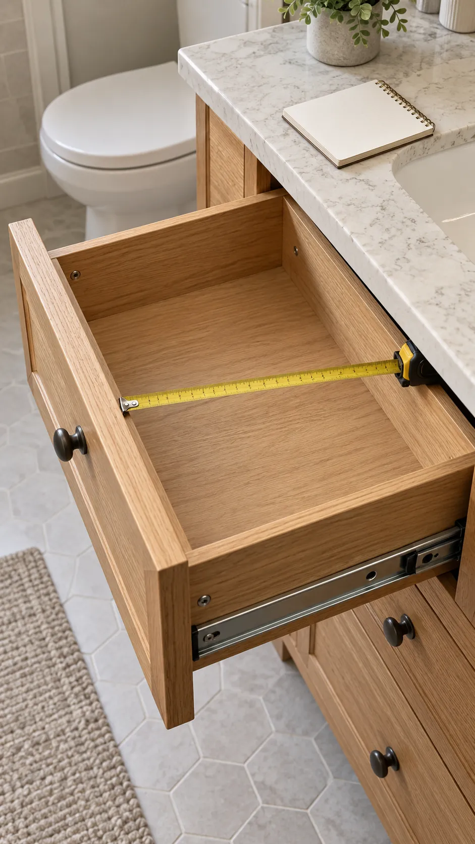 Narrow vanity drawer being measured before organizers are added