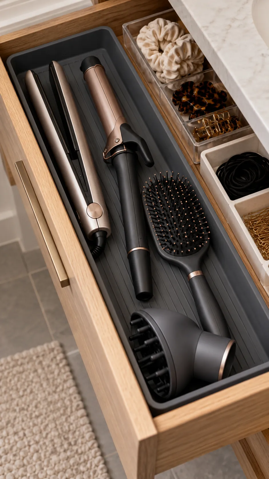 Long tray holding cool hair tools in a narrow vanity drawer