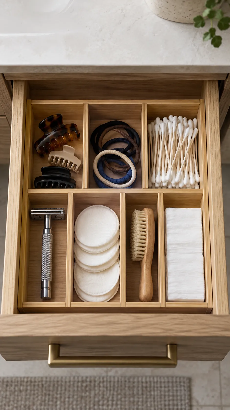 Shallow dividers organizing small grooming items in a vanity drawer