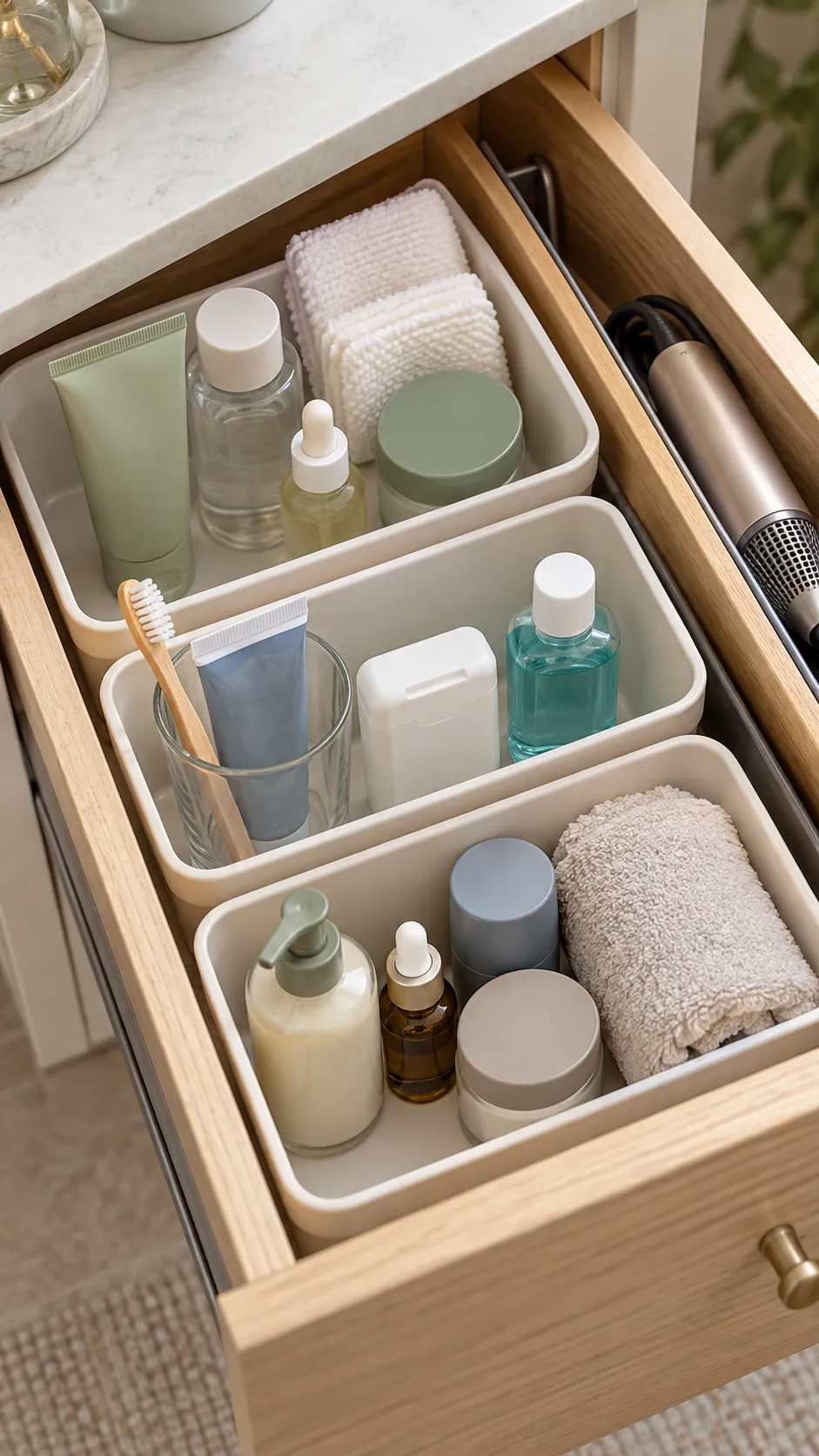 Daily toiletries grouped by routine in short drawer bins