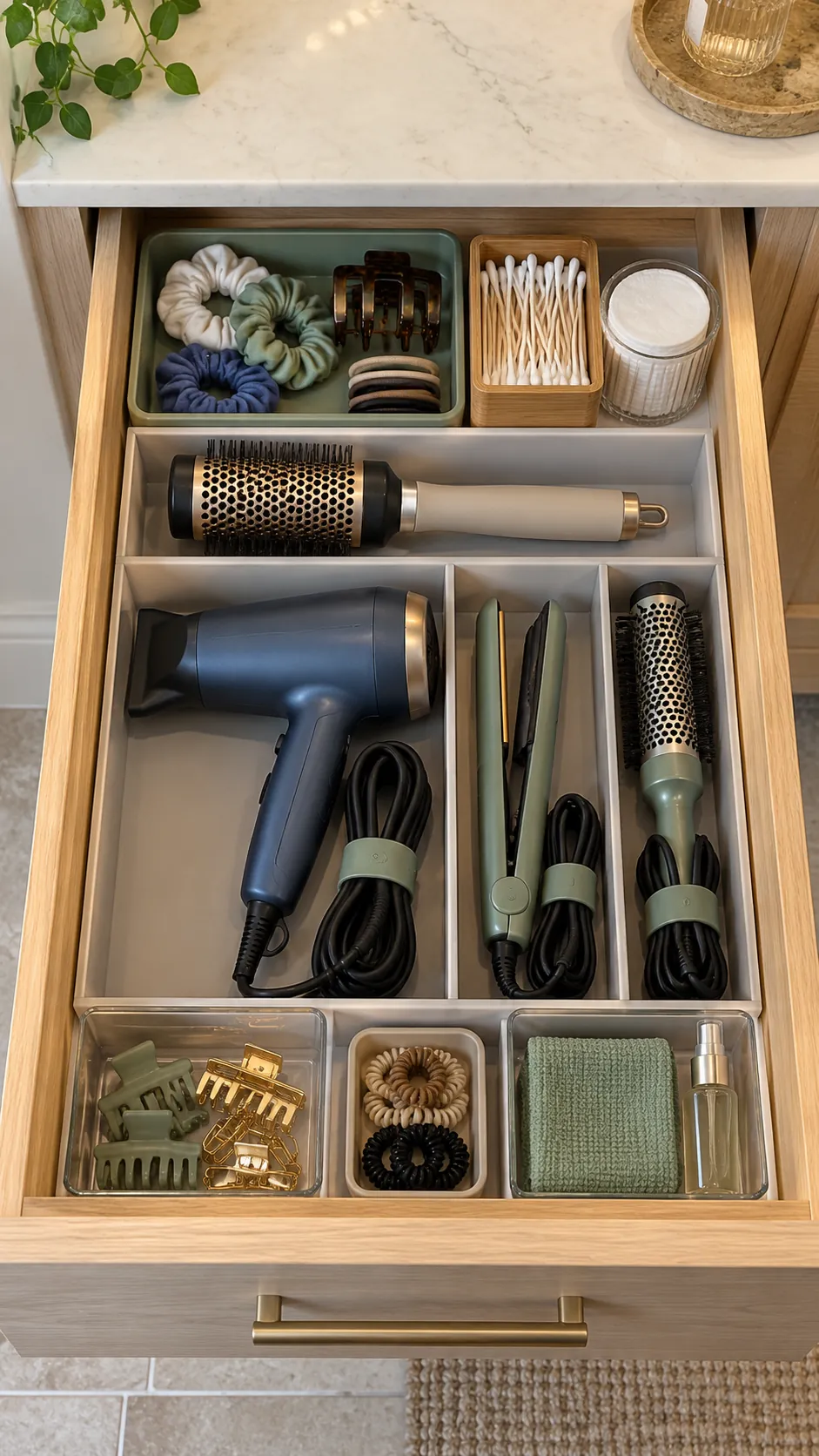 Completed narrow vanity drawer layout with clear closing space