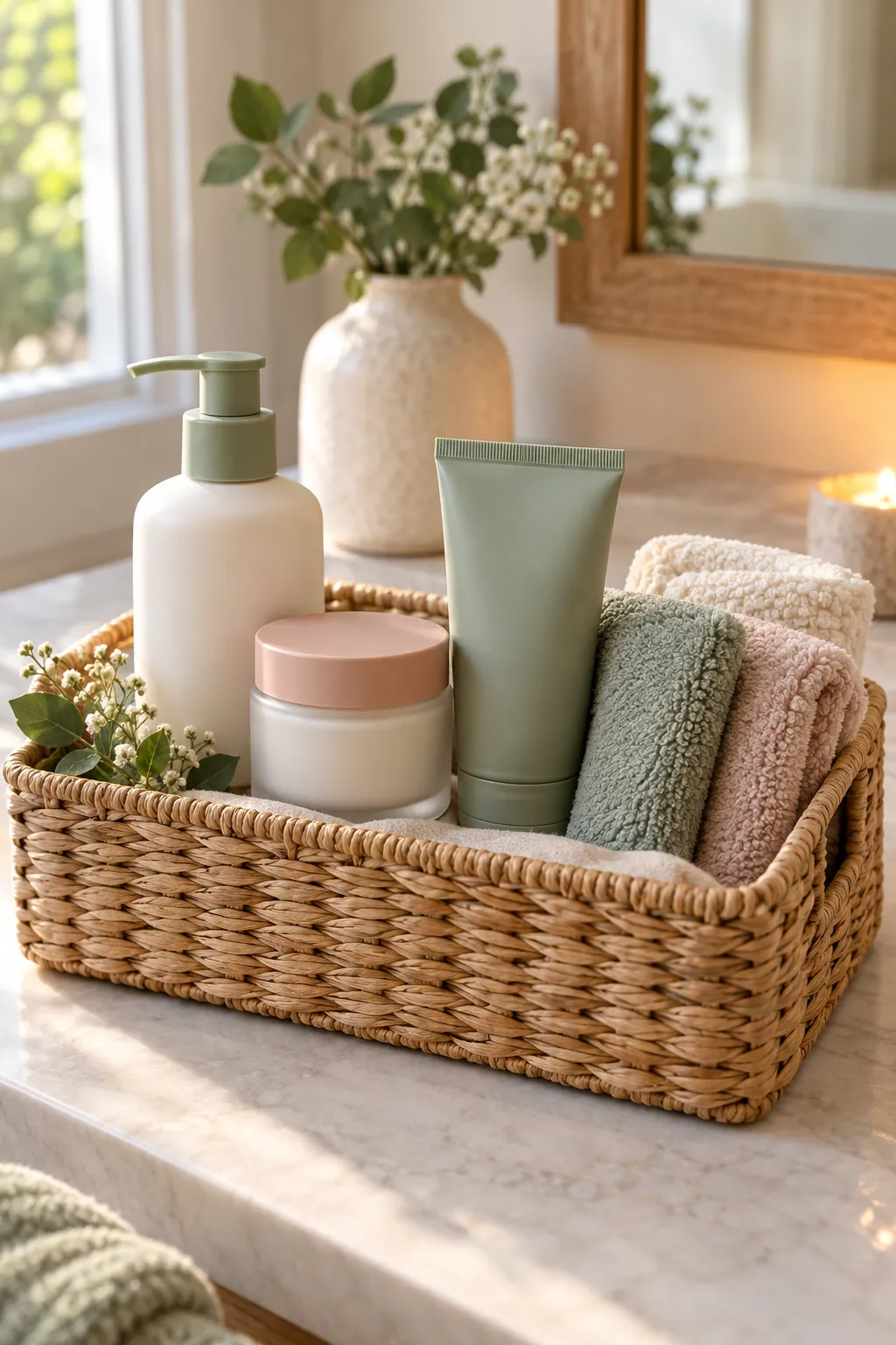 Known-Routine Refill Basket with useful comfort items arranged in a gift basket