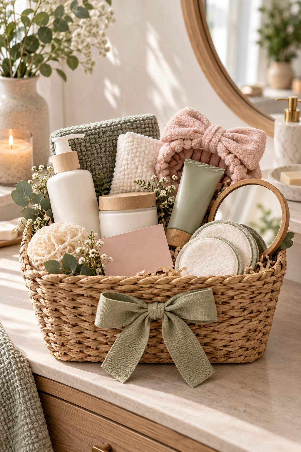 Skincare gift basket ideas with gentle products soft cloths headband and mirror