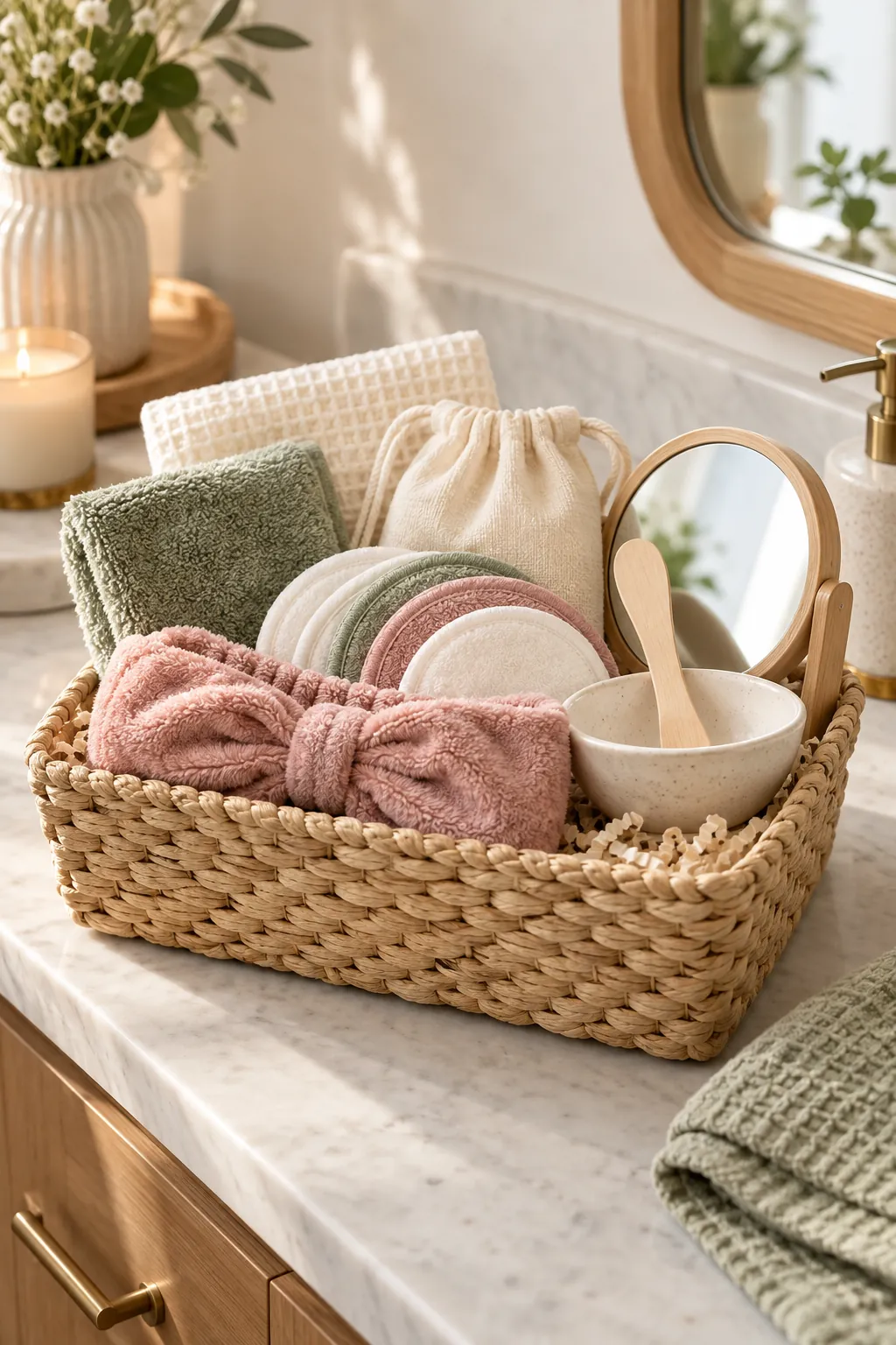Skincare Tools Basket with useful comfort items arranged in a gift basket
