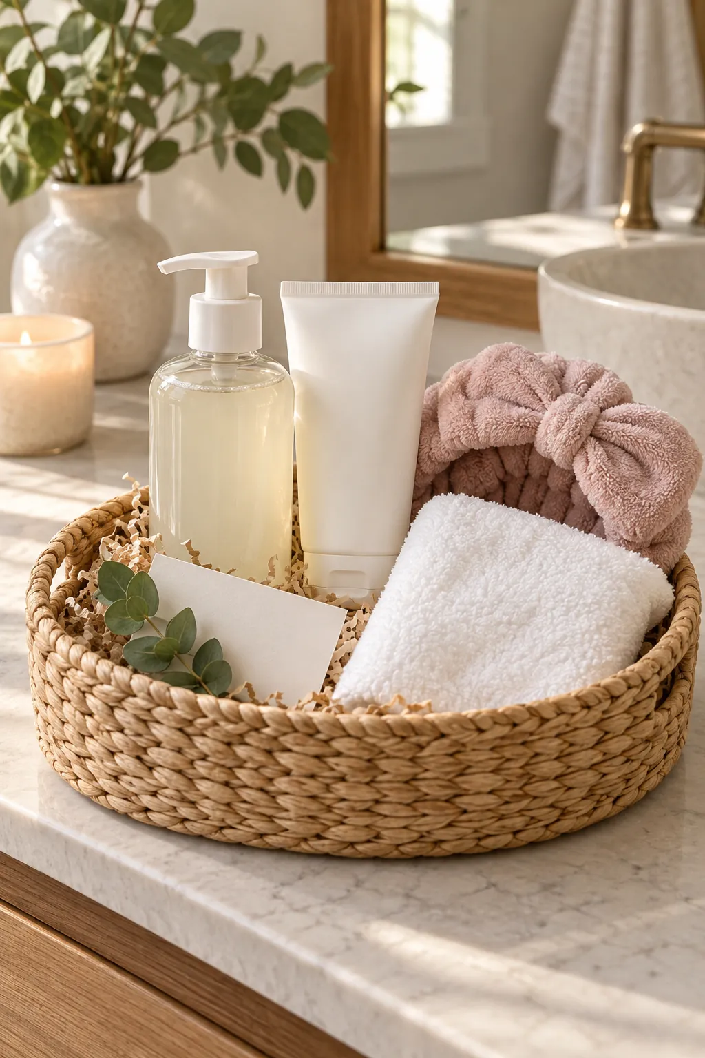Fragrance-Free Basics Basket with useful comfort items arranged in a gift basket
