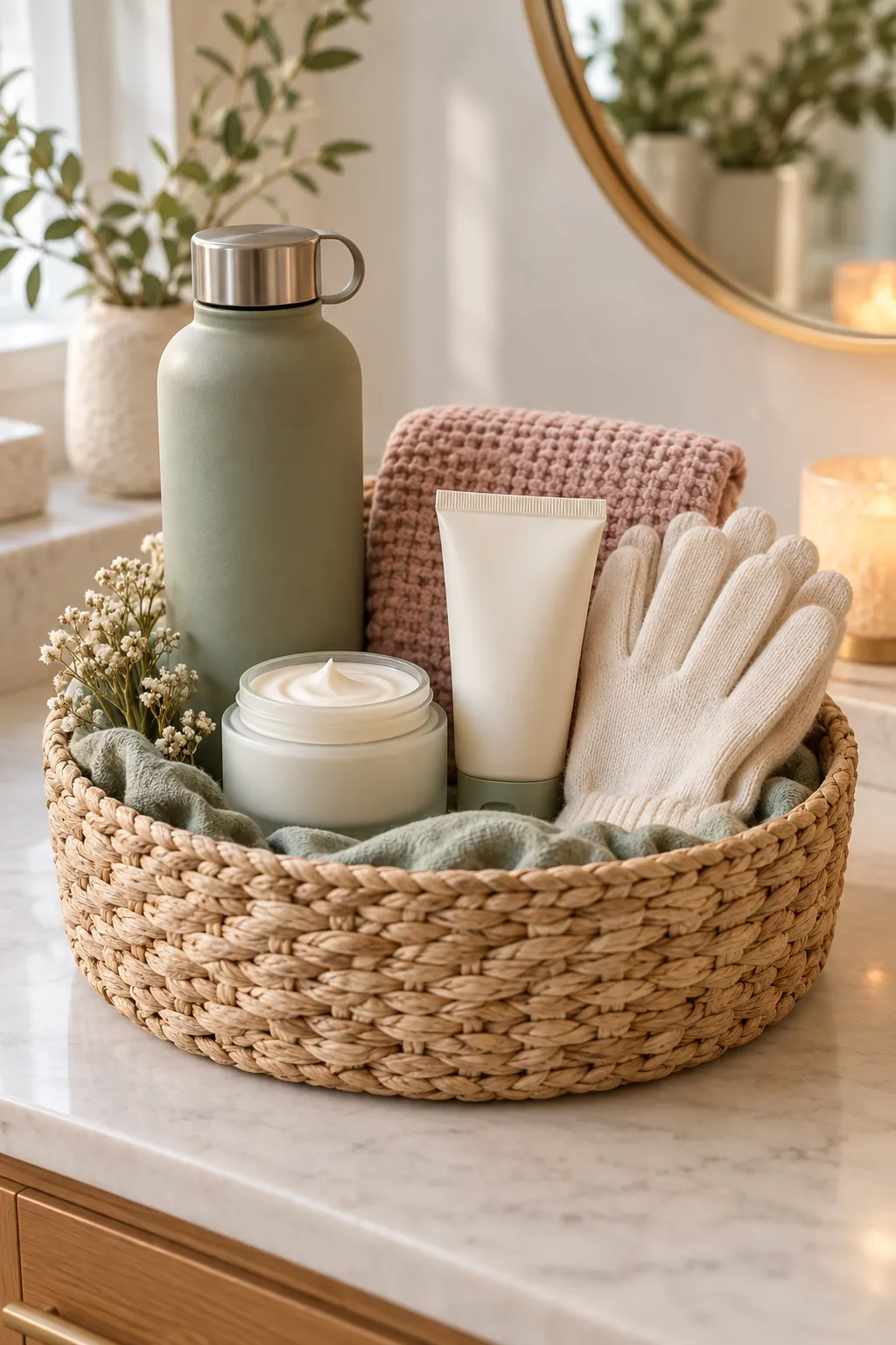 Simple Moisture Basket with useful comfort items arranged in a gift basket