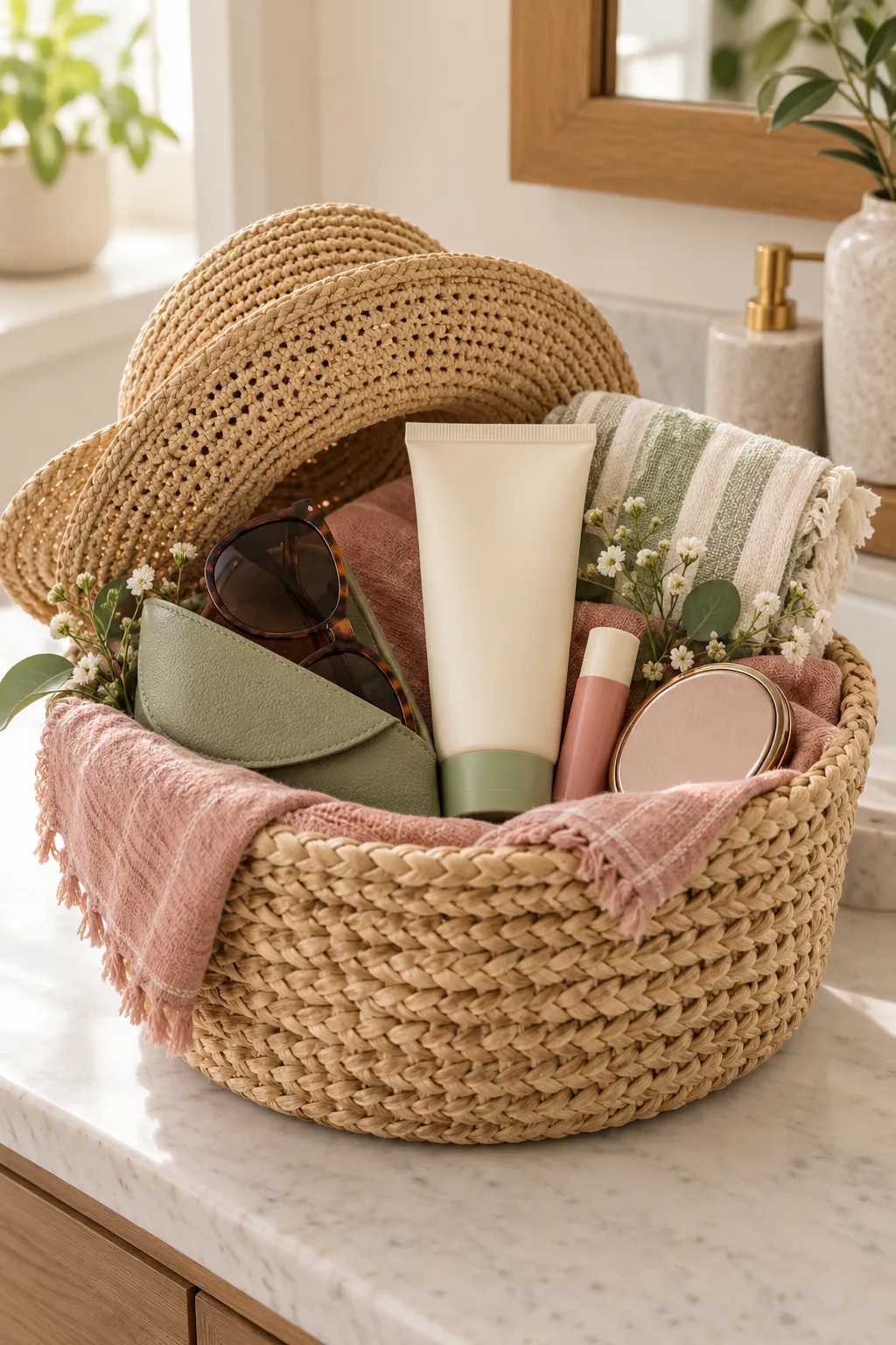 Sunscreen Refill Basket with useful comfort items arranged in a gift basket