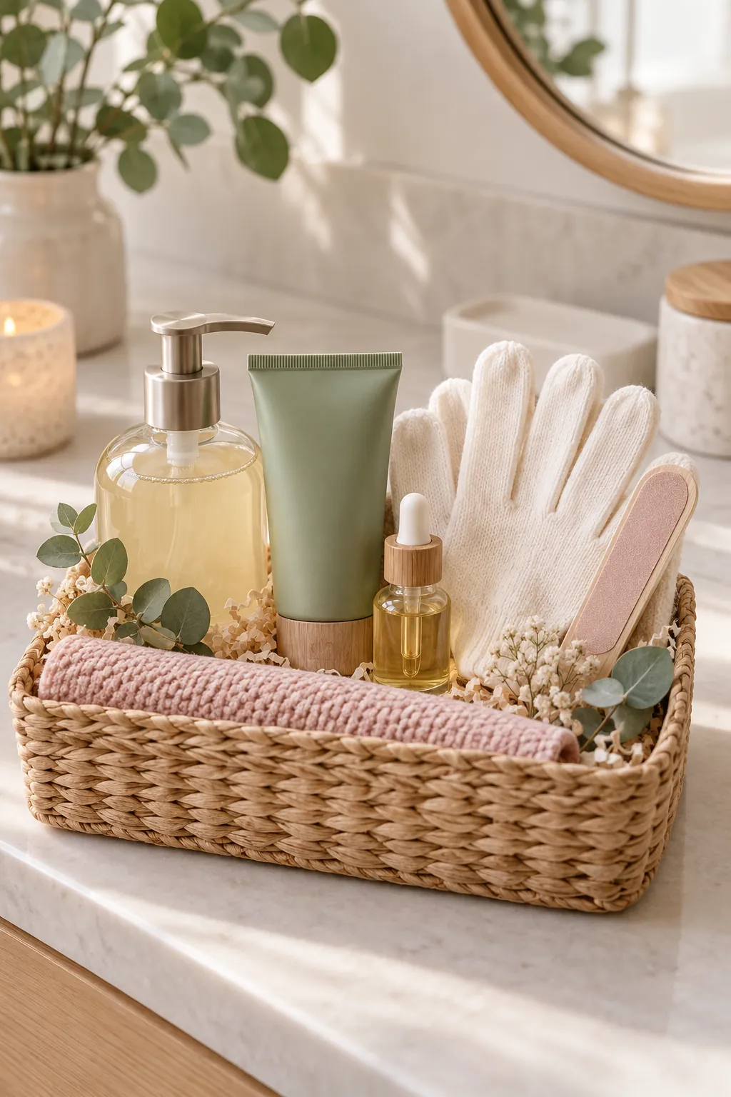 Hand And Cuticle Care Basket with useful comfort items arranged in a gift basket