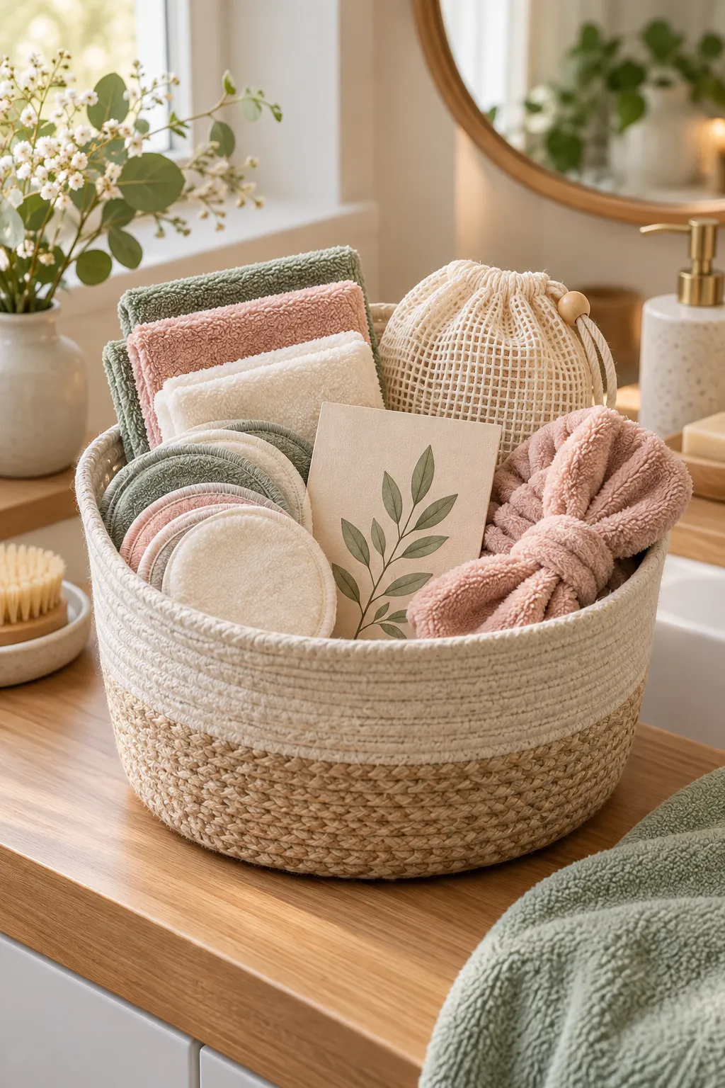 Reusable Cloths Basket with useful comfort items arranged in a gift basket