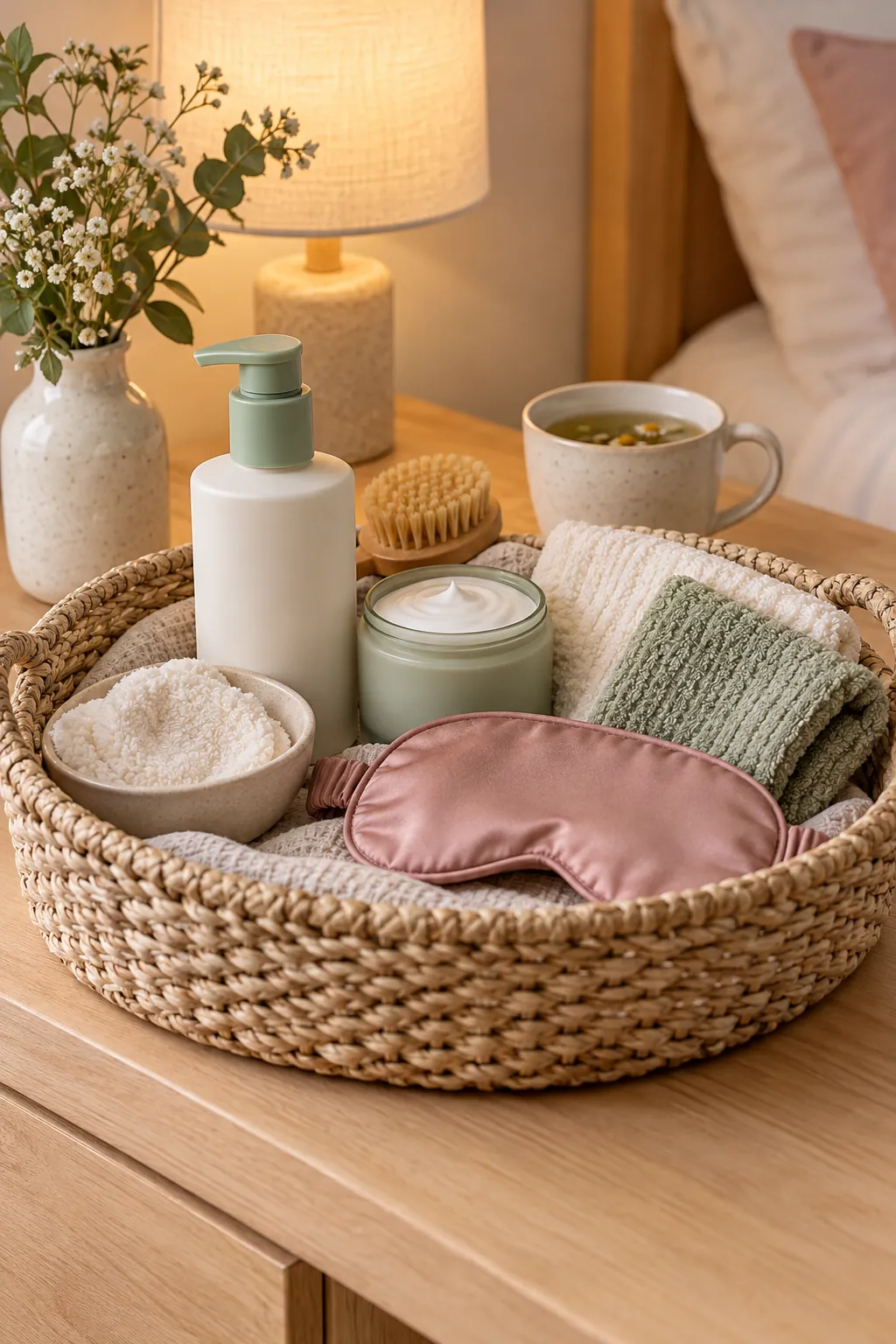 Evening Routine Basket with useful comfort items arranged in a gift basket