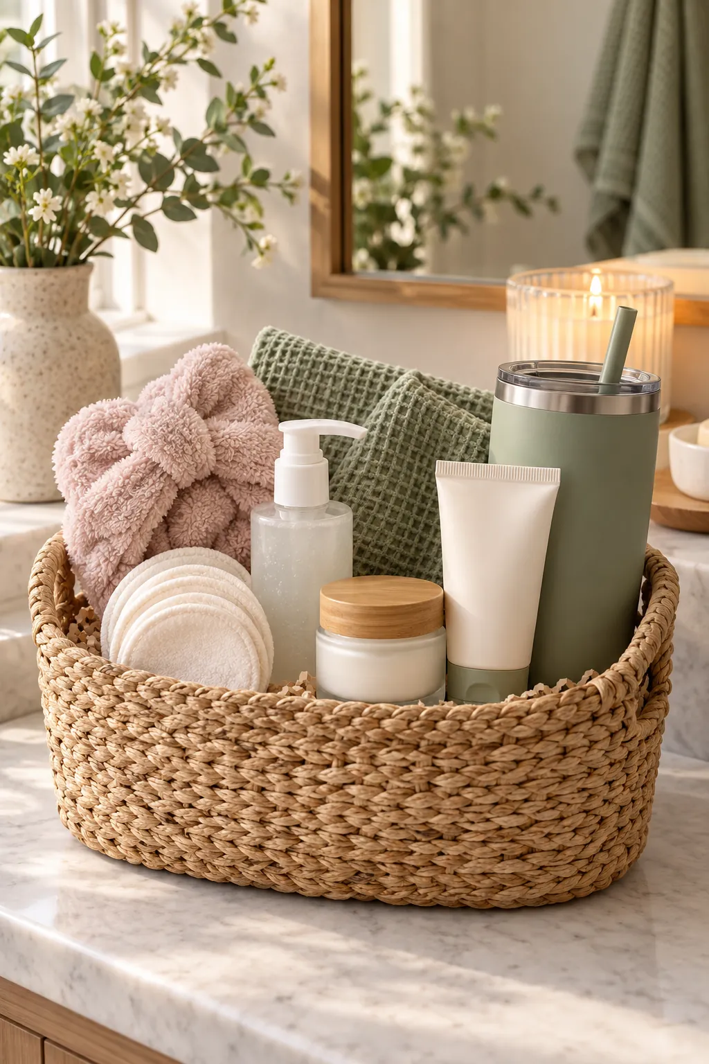 Morning Routine Basket with useful comfort items arranged in a gift basket