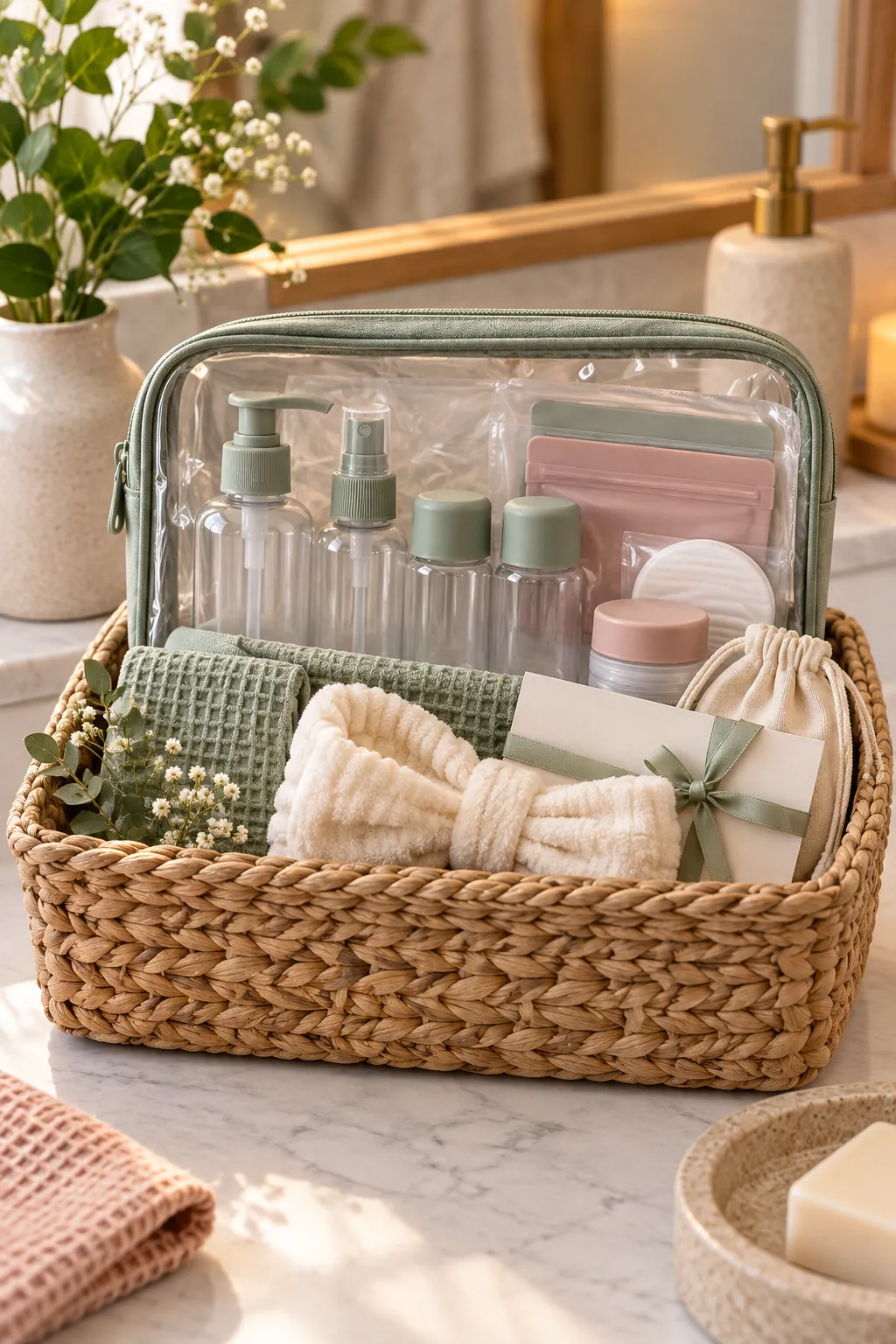 Travel Skincare Basket with useful comfort items arranged in a gift basket